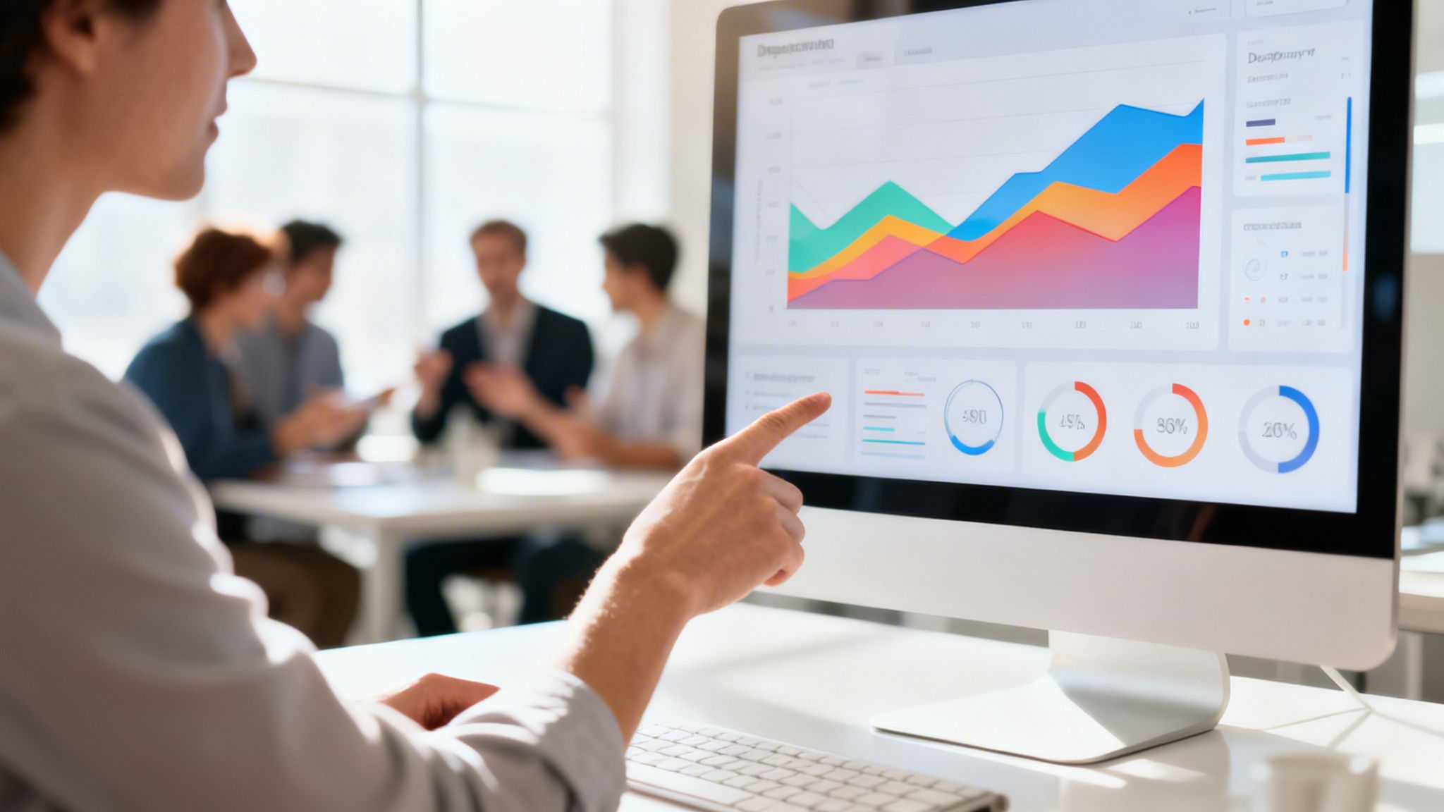 Une personne pointe un écran d'ordinateur avec des tableaux de bord financiers et des graphiques de performance.