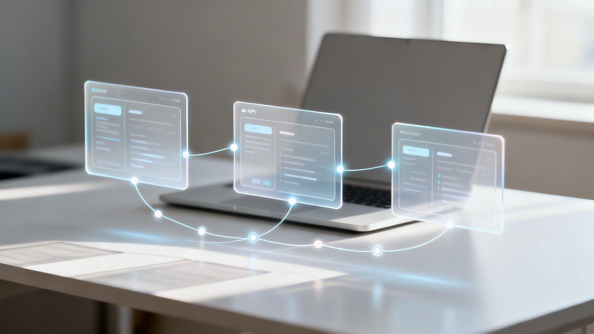 Un ordinateur portable sur un bureau avec des interfaces utilisateur holographiques connectées par un flux de données, symbolisant l'automatisation.