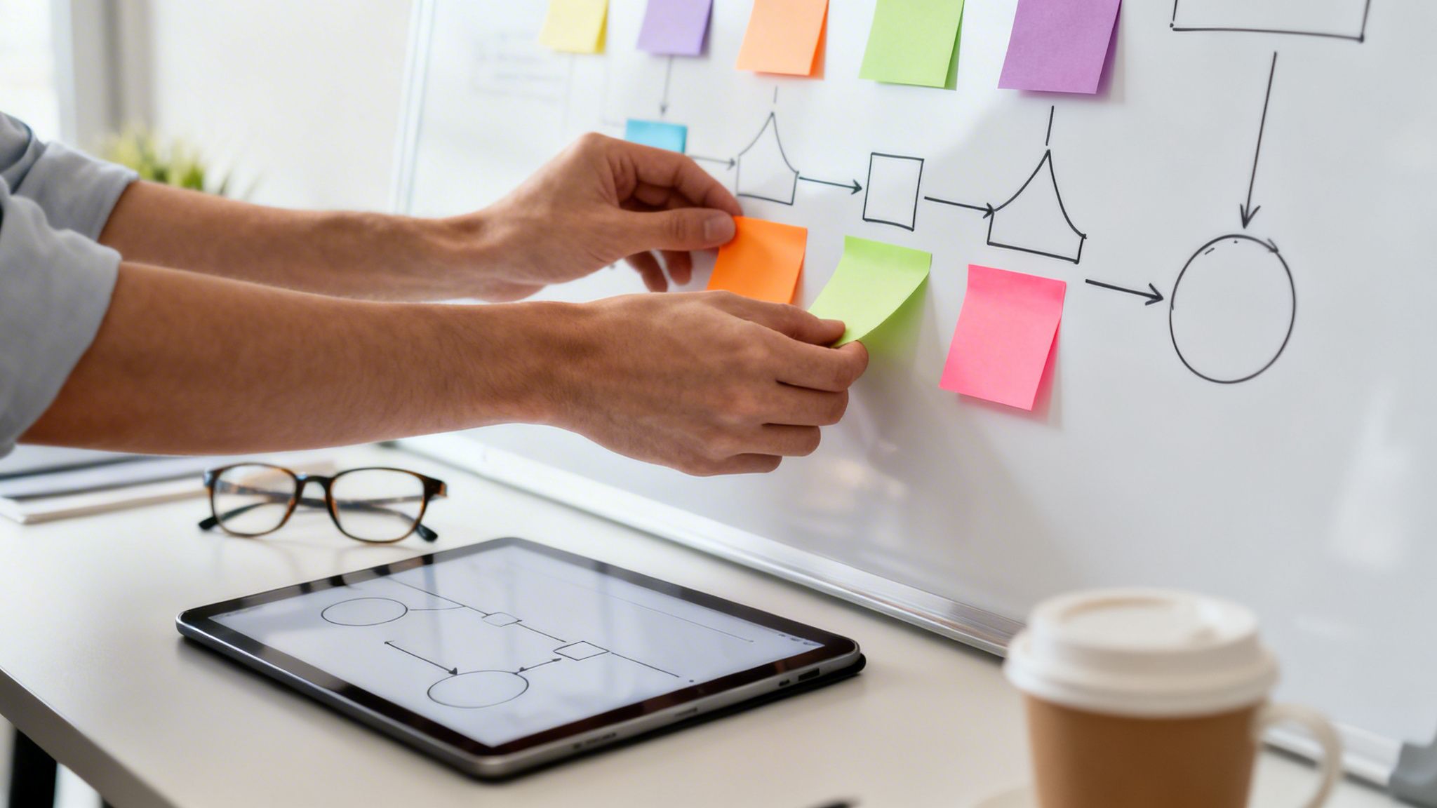 Mains plaçant des notes adhésives colorées sur un tableau blanc avec un organigramme.