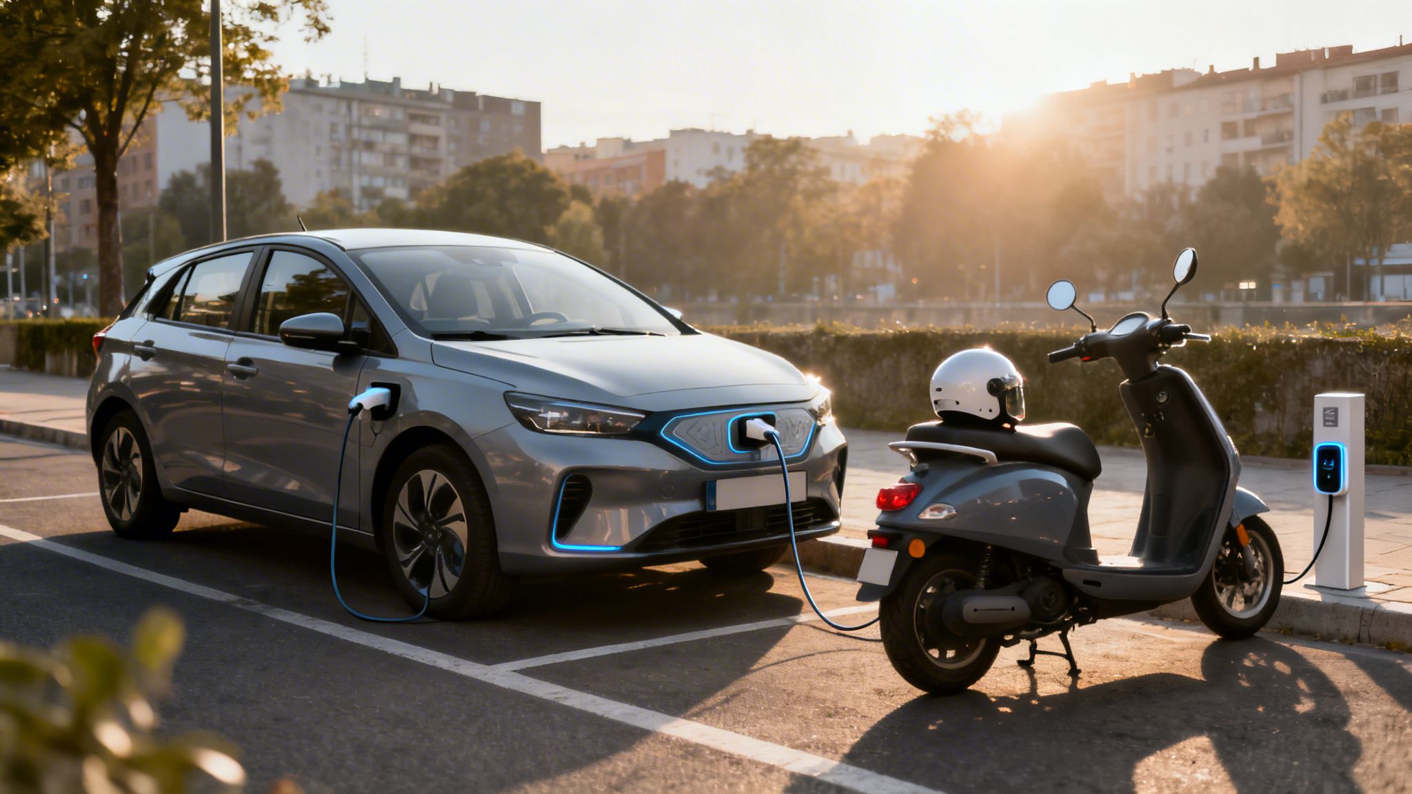 Une voiture électrique grise et un scooter électrique se rechargent côte à côte à des bornes dans une rue ensoleillée.
