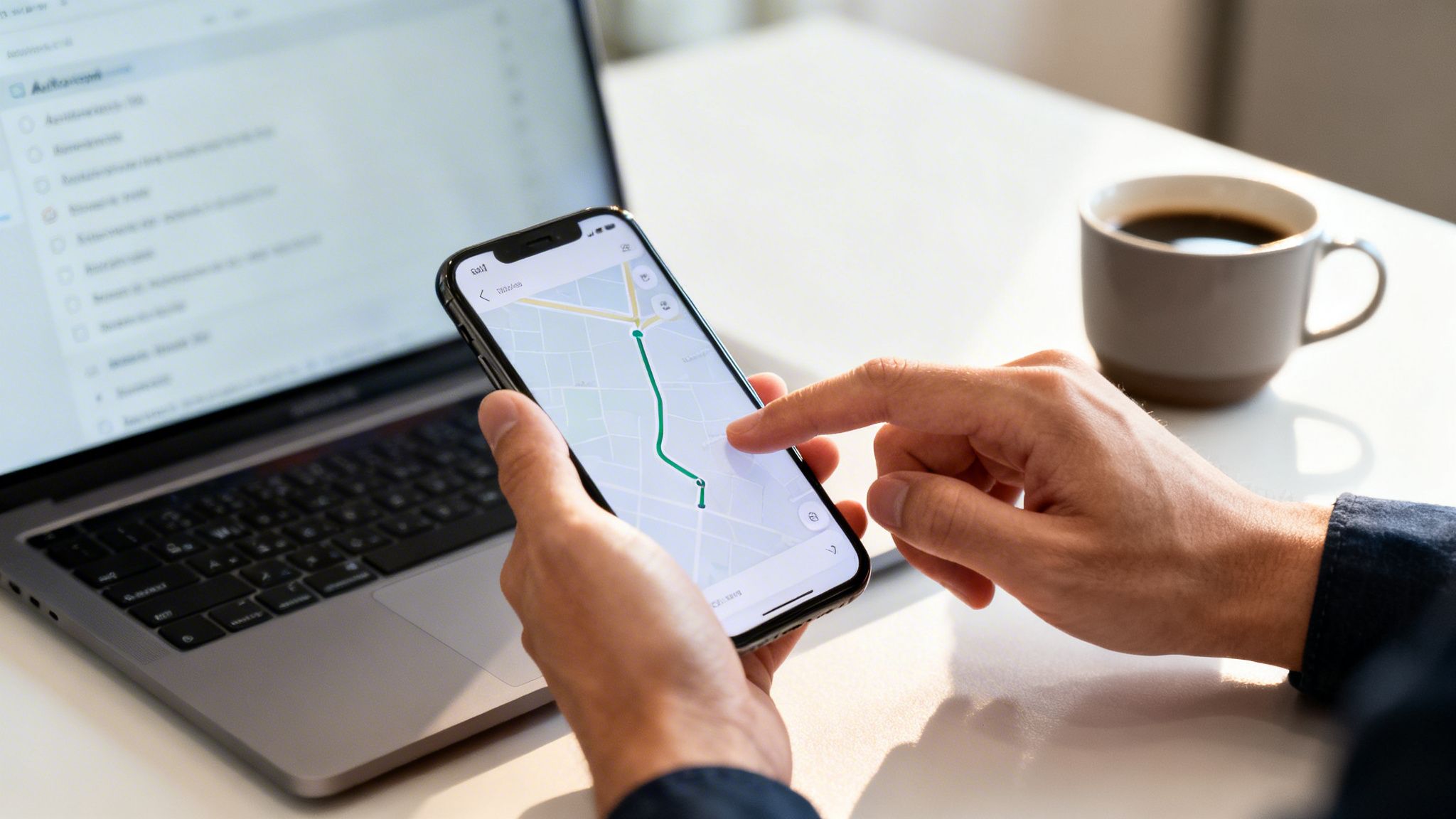 Une personne consulte un itinéraire sur son smartphone à côté d'un ordinateur portable et d'une tasse de café sur un bureau.
