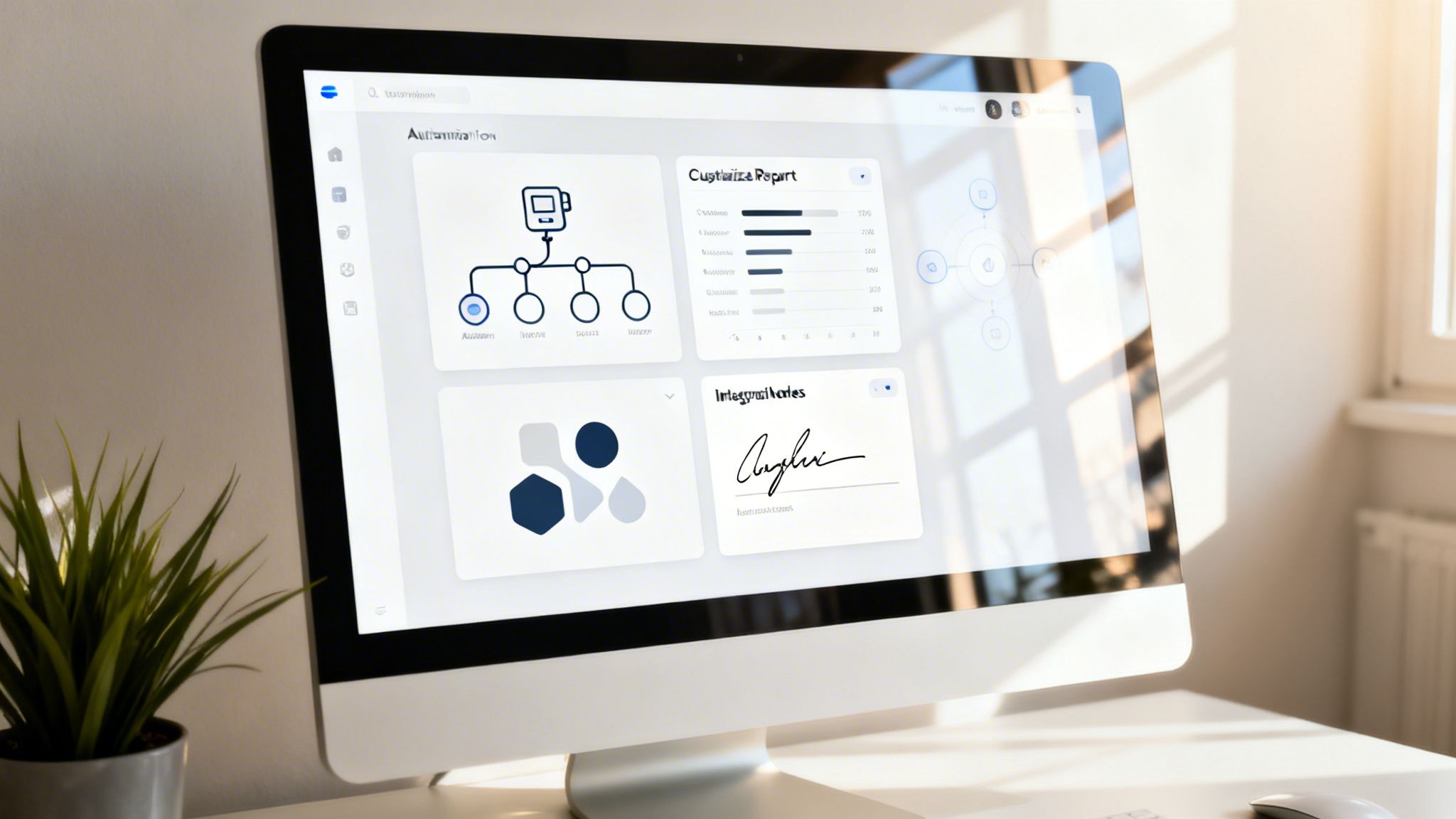 Un écran d'ordinateur affiche un tableau de bord moderne avec des graphiques, des diagrammes et une signature électronique, dans un bureau lumineux.