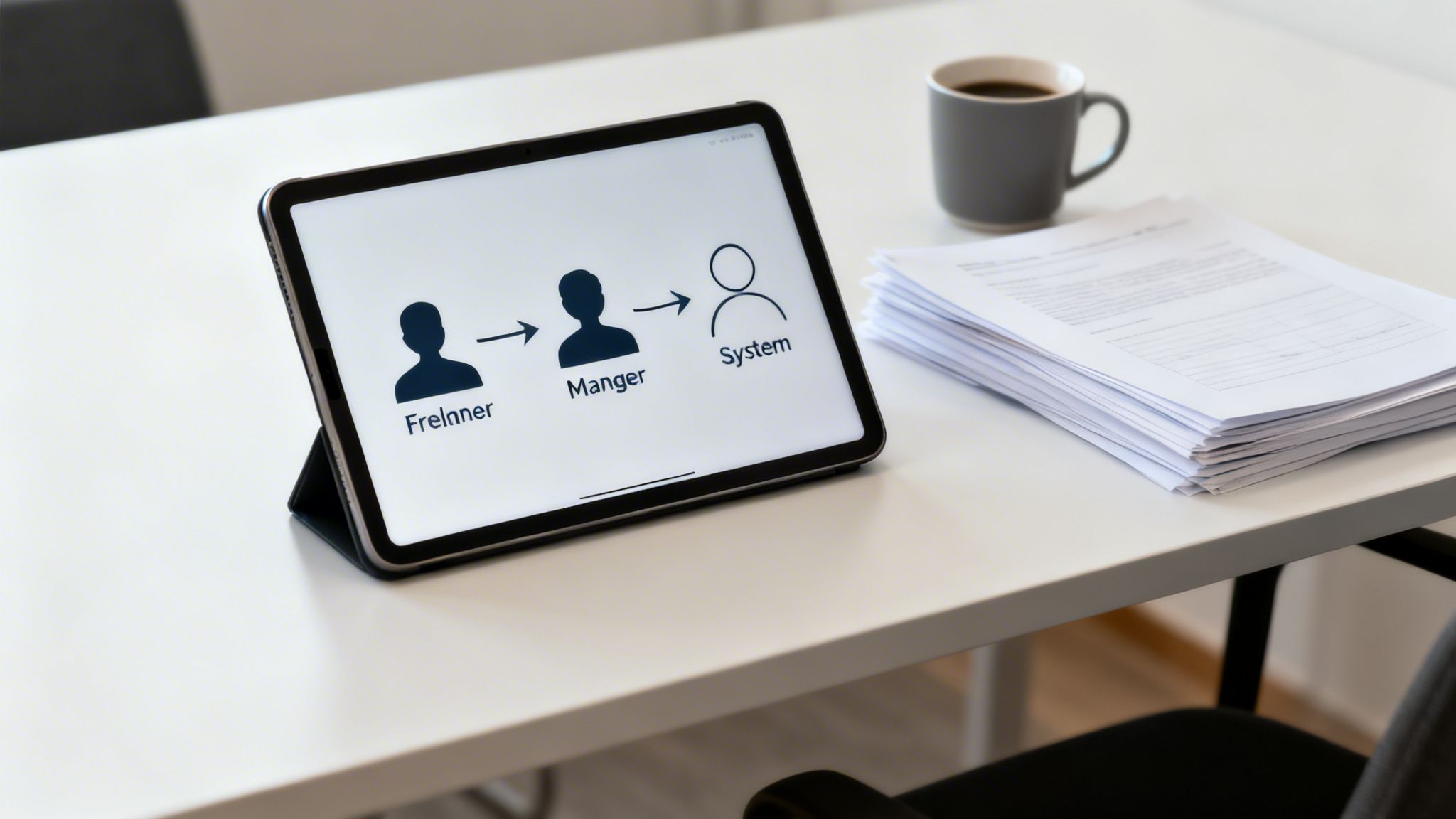Tablette affichant un diagramme de flux numérique: FreInnr, Manger, Système avec icônes de personnes sur un bureau.