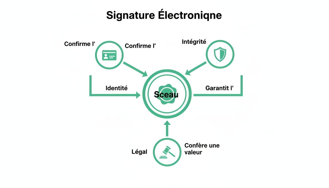 Diagramme explicatif de la signature électronique et du sceau, reliant identité, intégrité et valeur légale.