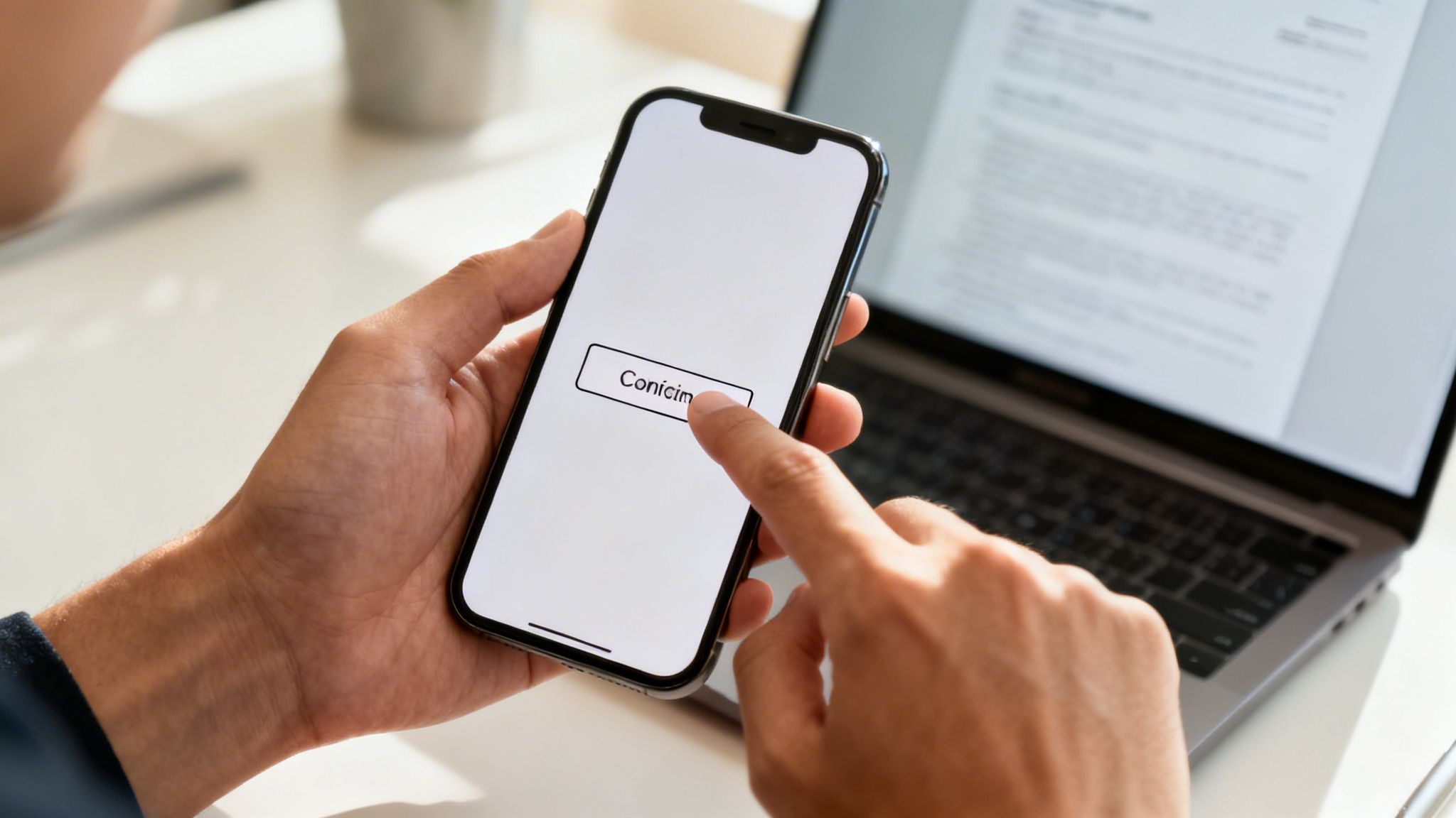 Gros plan sur une personne tenant un smartphone, tapant sur un champ de texte avec un ordinateur portable en arrière-plan.