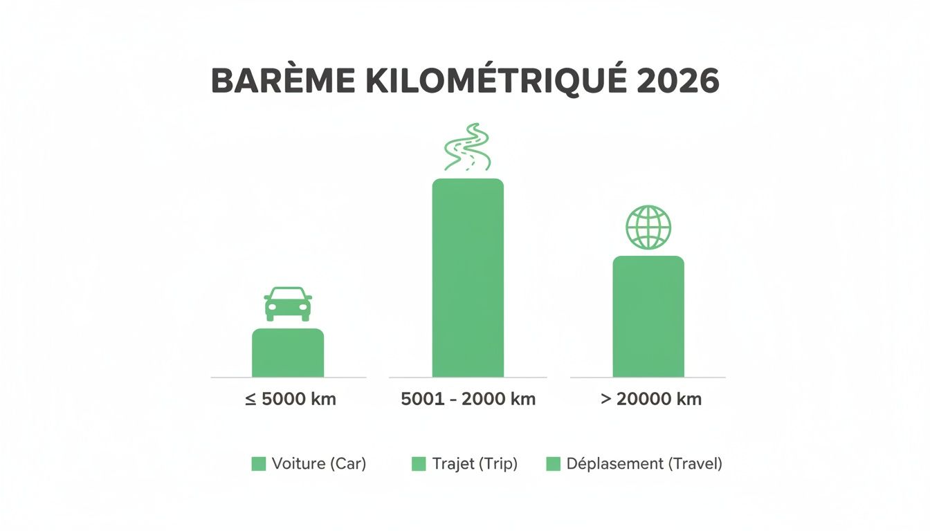Infographie du barème kilométrique 2026 présentant les différentes tranches de distance pour les frais de déplacement.
