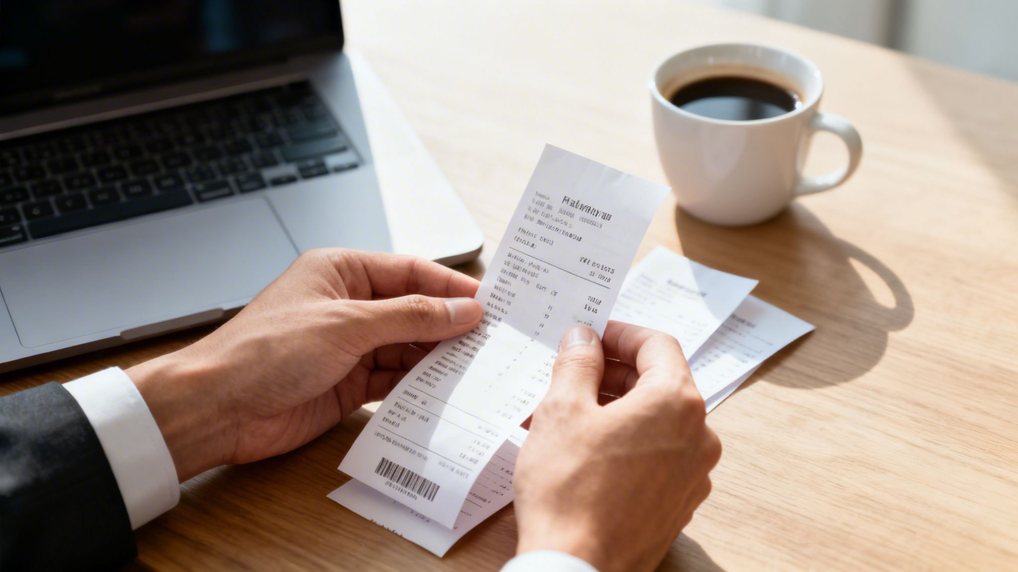 Un homme d'affaires vérifie une longue facture avec un ordinateur portable et du café sur une table en bois.