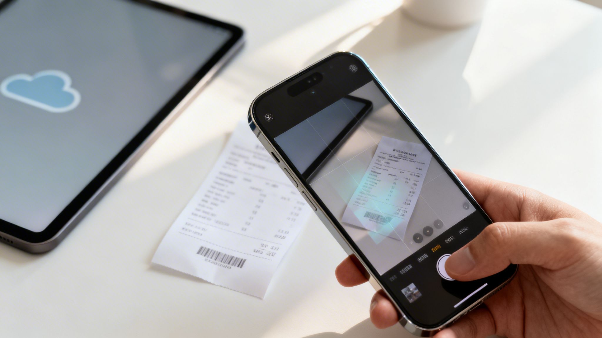 Main tenant un smartphone qui scanne un reçu papier, avec une tablette affichant une icône de cloud à l'arrière-plan.