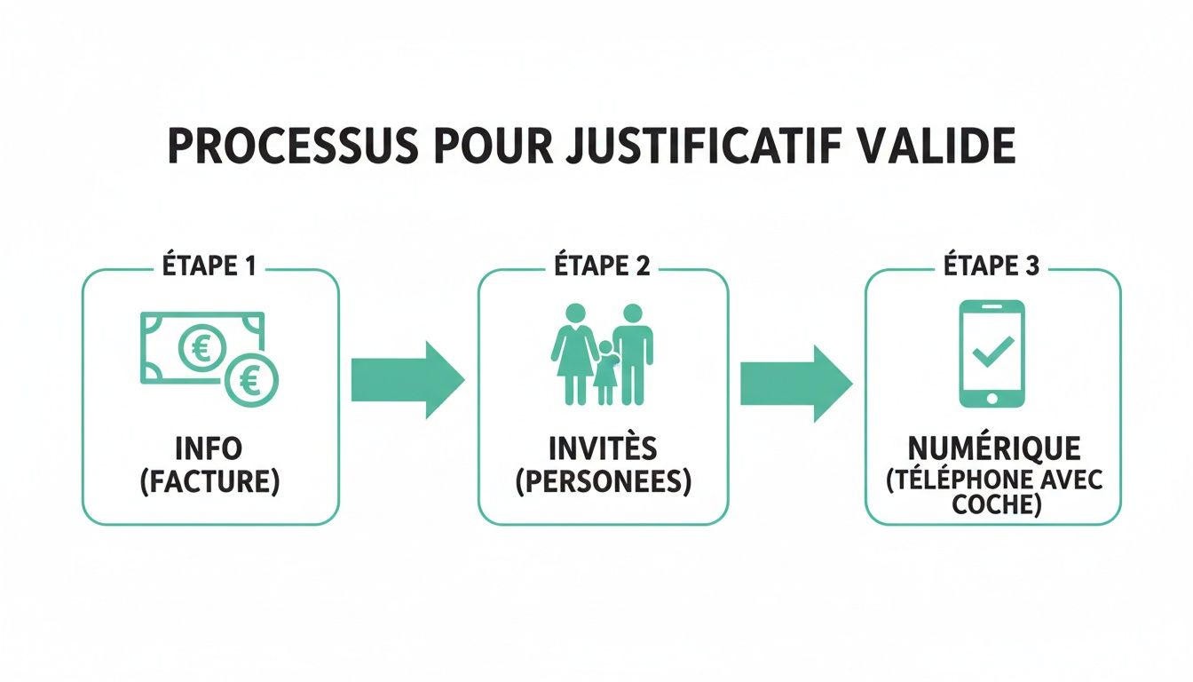 Infographie illustrant le processus en trois étapes pour un justificatif valide: facture, personnes invitées, validation numérique.
