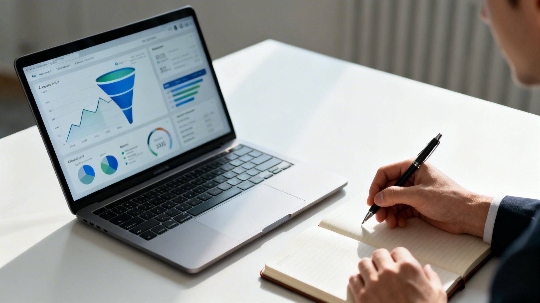 Un homme analyse des données sur un ordinateur portable affichant des graphiques de performance commerciale et prend des notes.