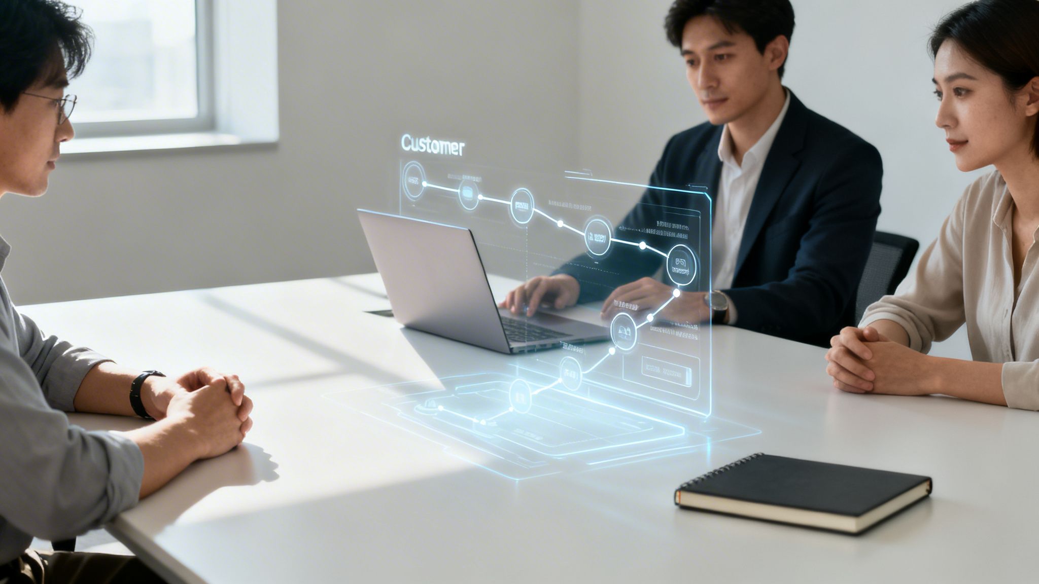Trois professionnels discutent d'une analyse de données client holographique lors d'une réunion d'affaires.