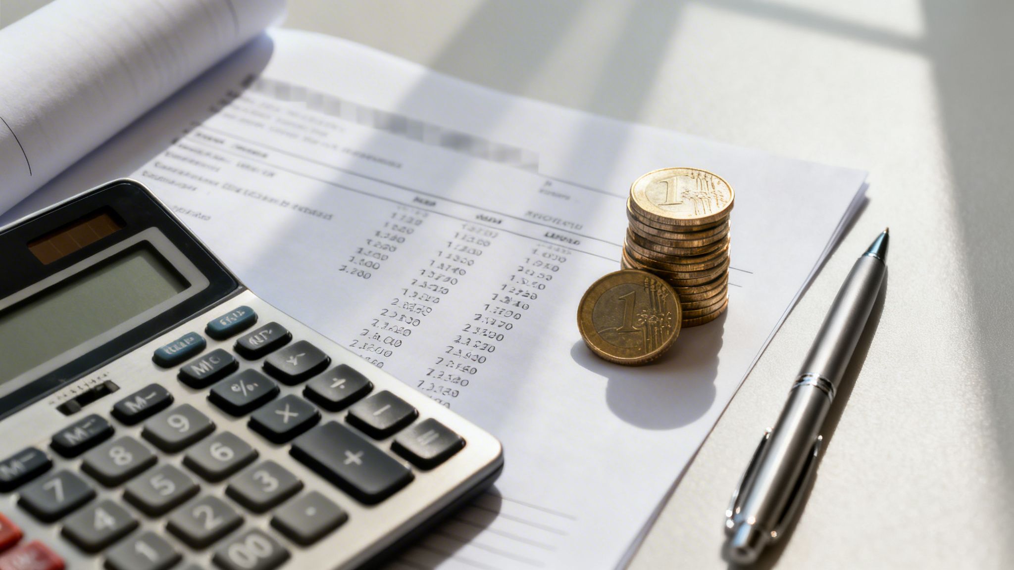 Calculatrice, stylo et pile de pièces d'un euro sur un document avec des chiffres pour la gestion financière.