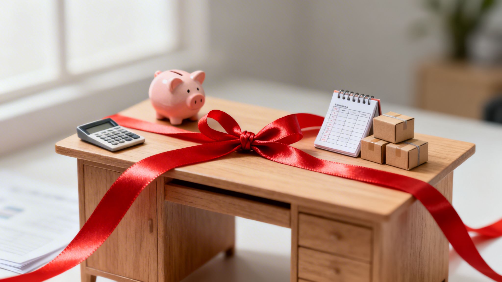 Petit bureau en bois avec ruban rouge, tirelire, calculatrice, calendrier et boîtes. Scène de planification financière.