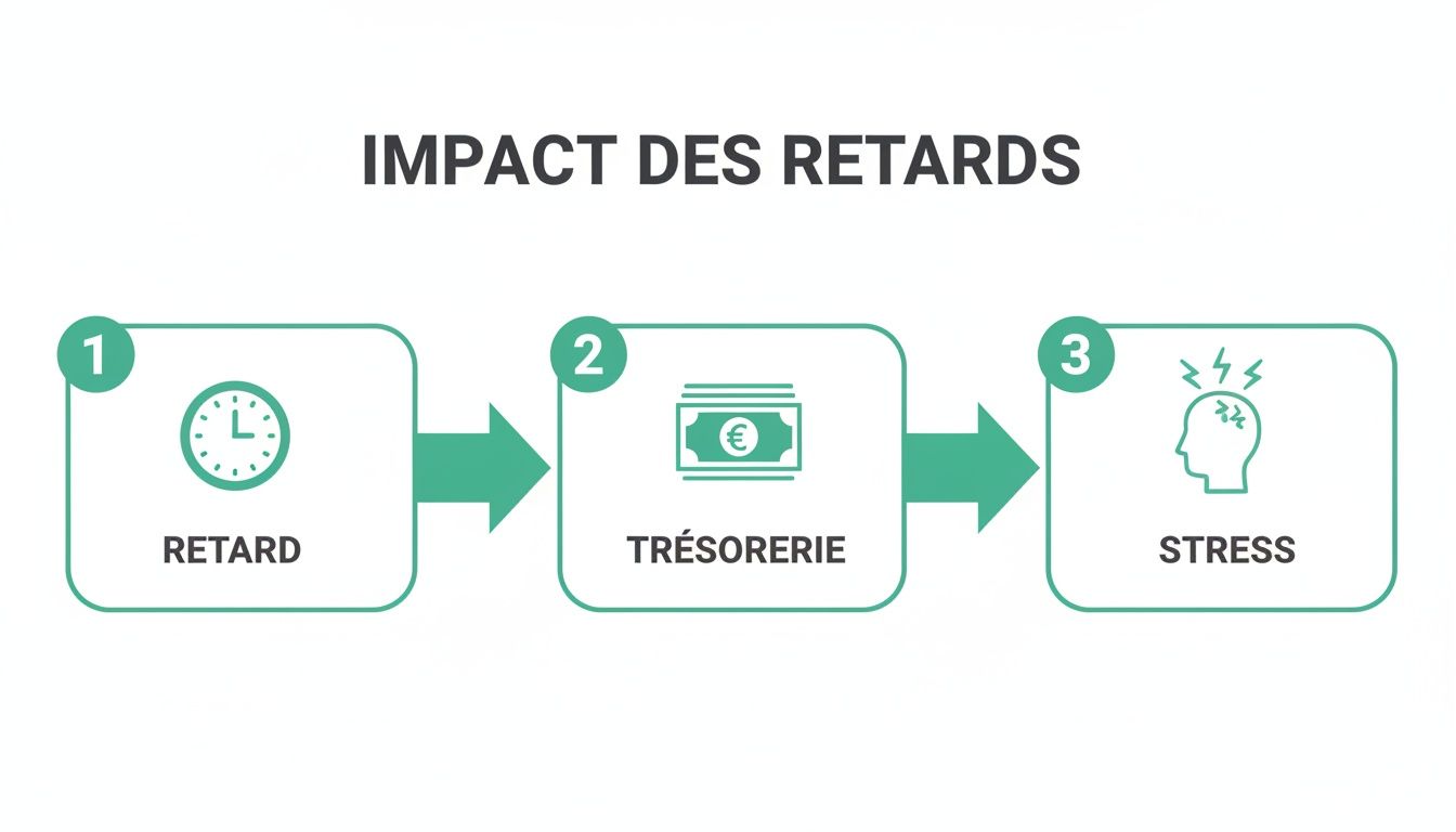 Infographie illustrant l'impact des retards de paiement, passant du délai à la trésorerie et au stress.