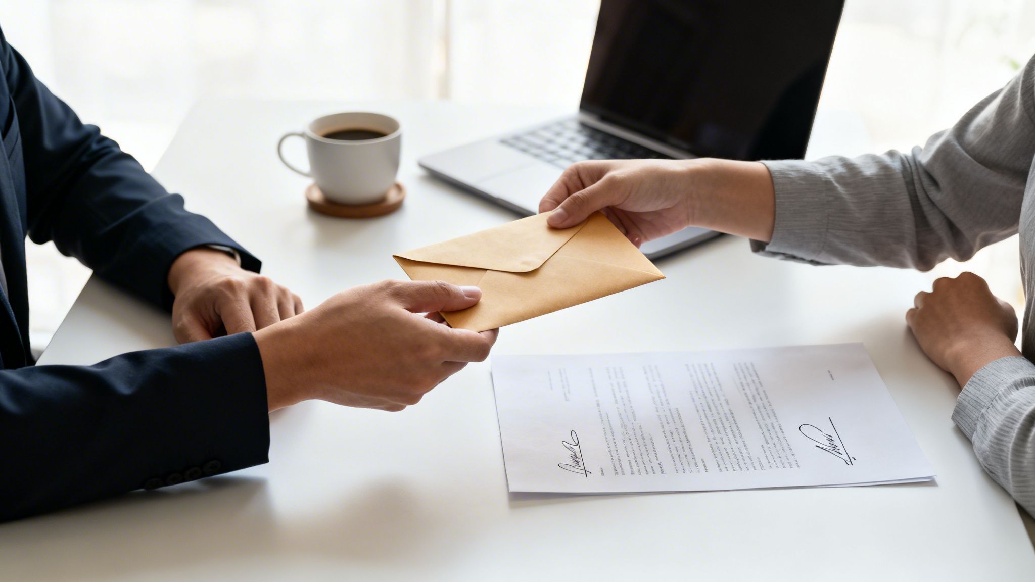 Échange d'une enveloppe marron entre deux personnes sur un bureau, symbolisant une transaction.