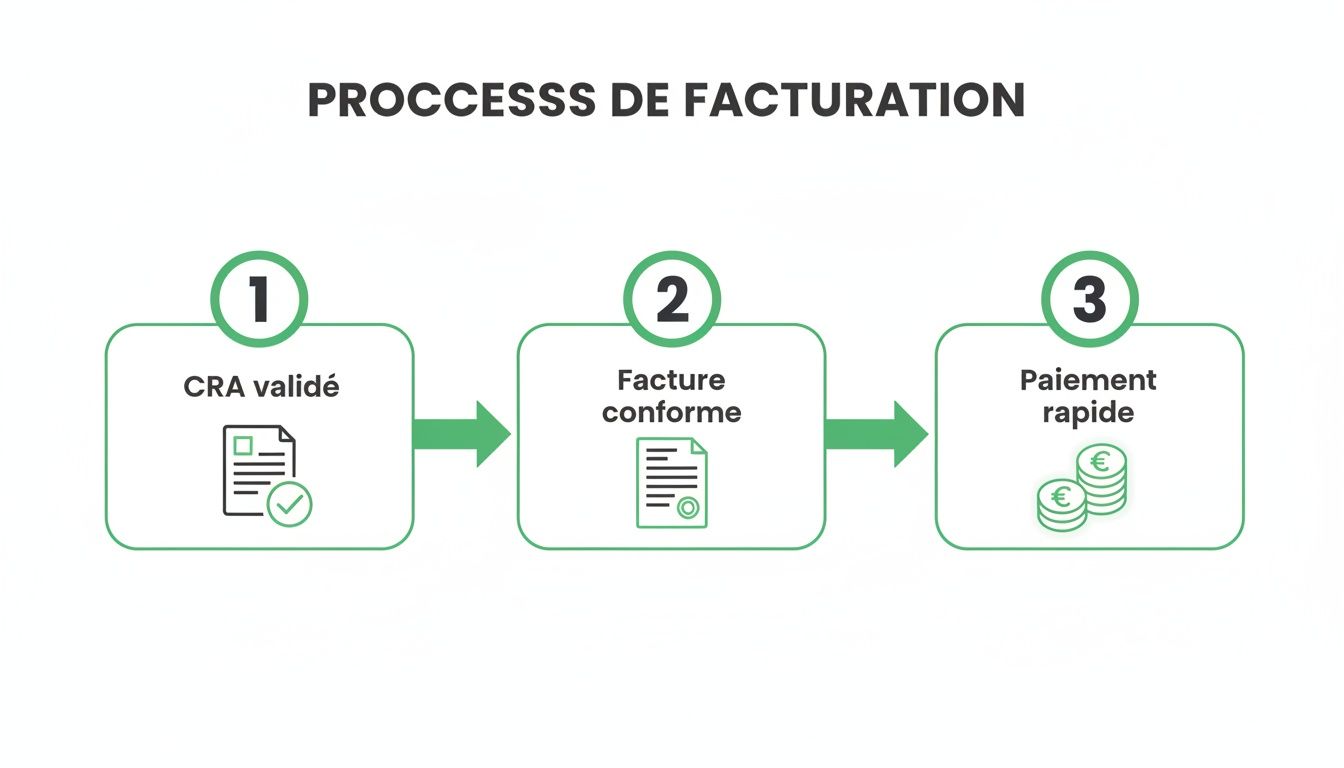 Infographie montrant le processus de facturation en trois étapes : CRA validé, facture conforme, et paiement rapide.