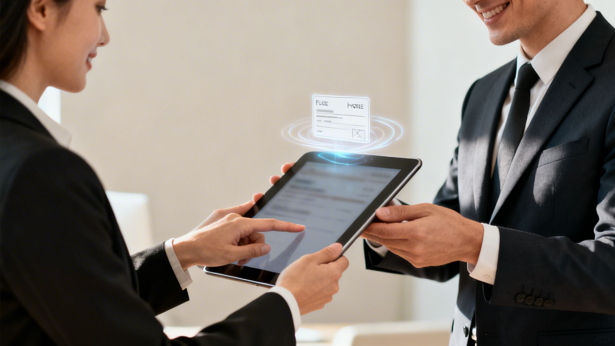 Deux professionnels en costume partagent une tablette, affichant une interface holographique de gestion de documents.