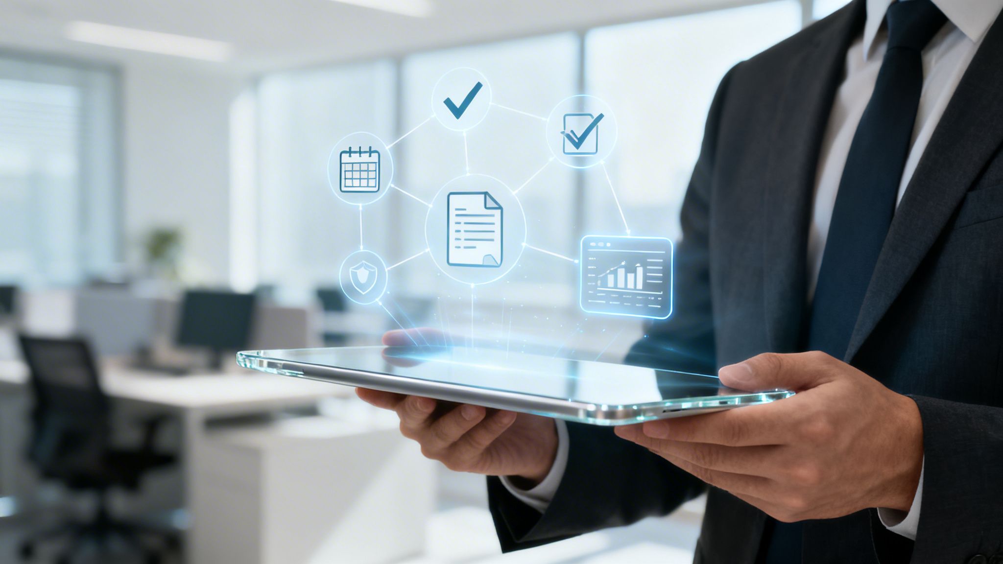 Homme en costume tenant une tablette affichant un réseau holographique d'icônes de gestion de projet dans un bureau moderne.