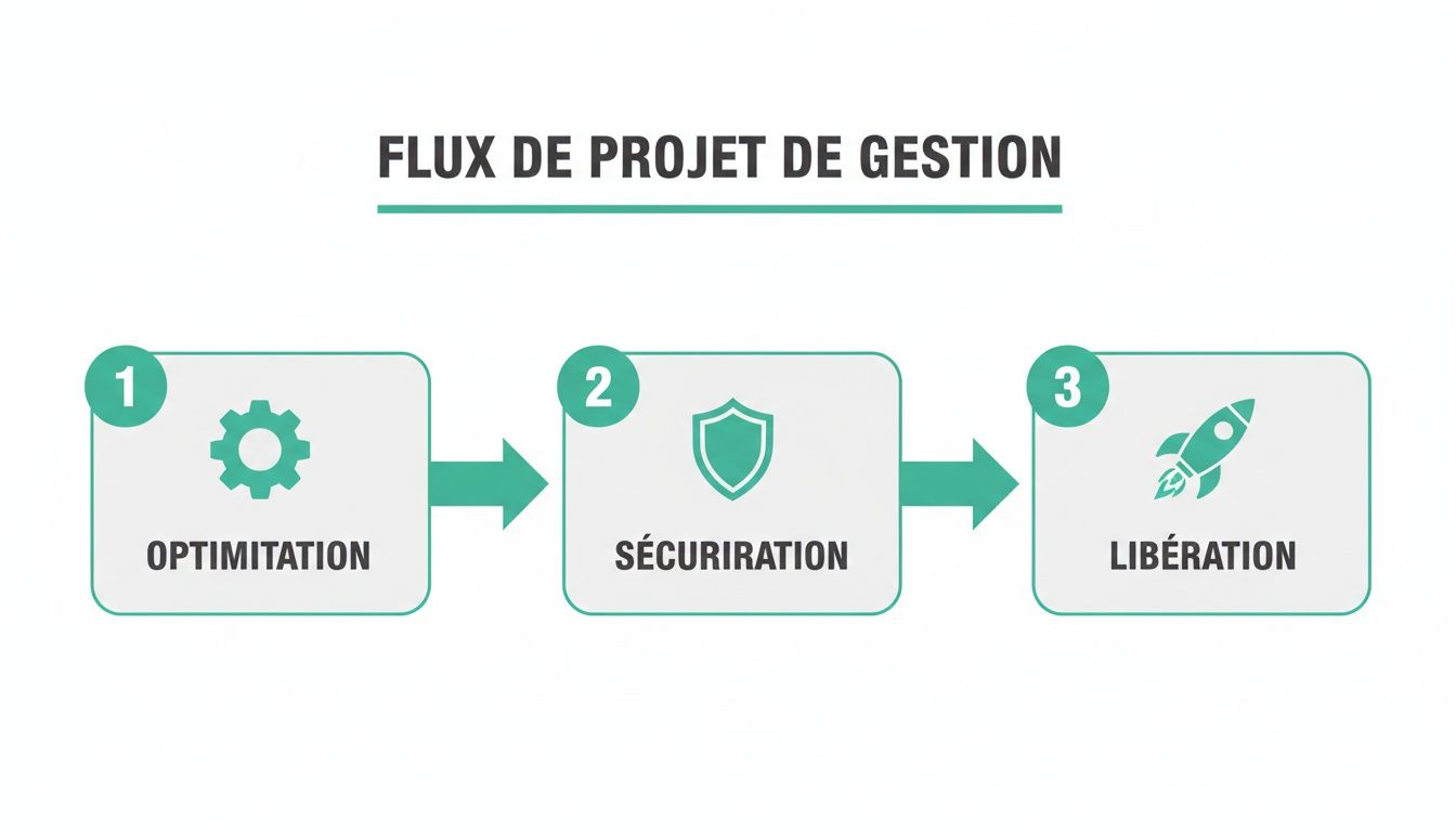 Infographie illustrant le flux d'un projet de gestion en 3 étapes : optimisation, sécurisation et libération, avec icônes.
