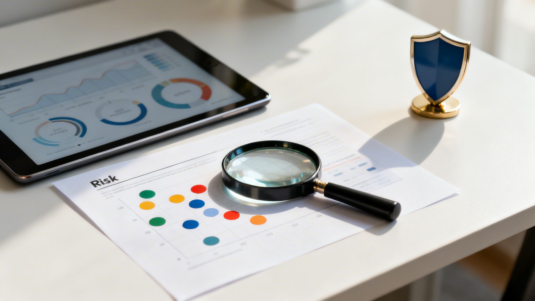 Une tablette, un document 'Risque' avec des graphiques, une loupe et un trophée bouclier sur un bureau blanc. Analyse de données et évaluation des risques.