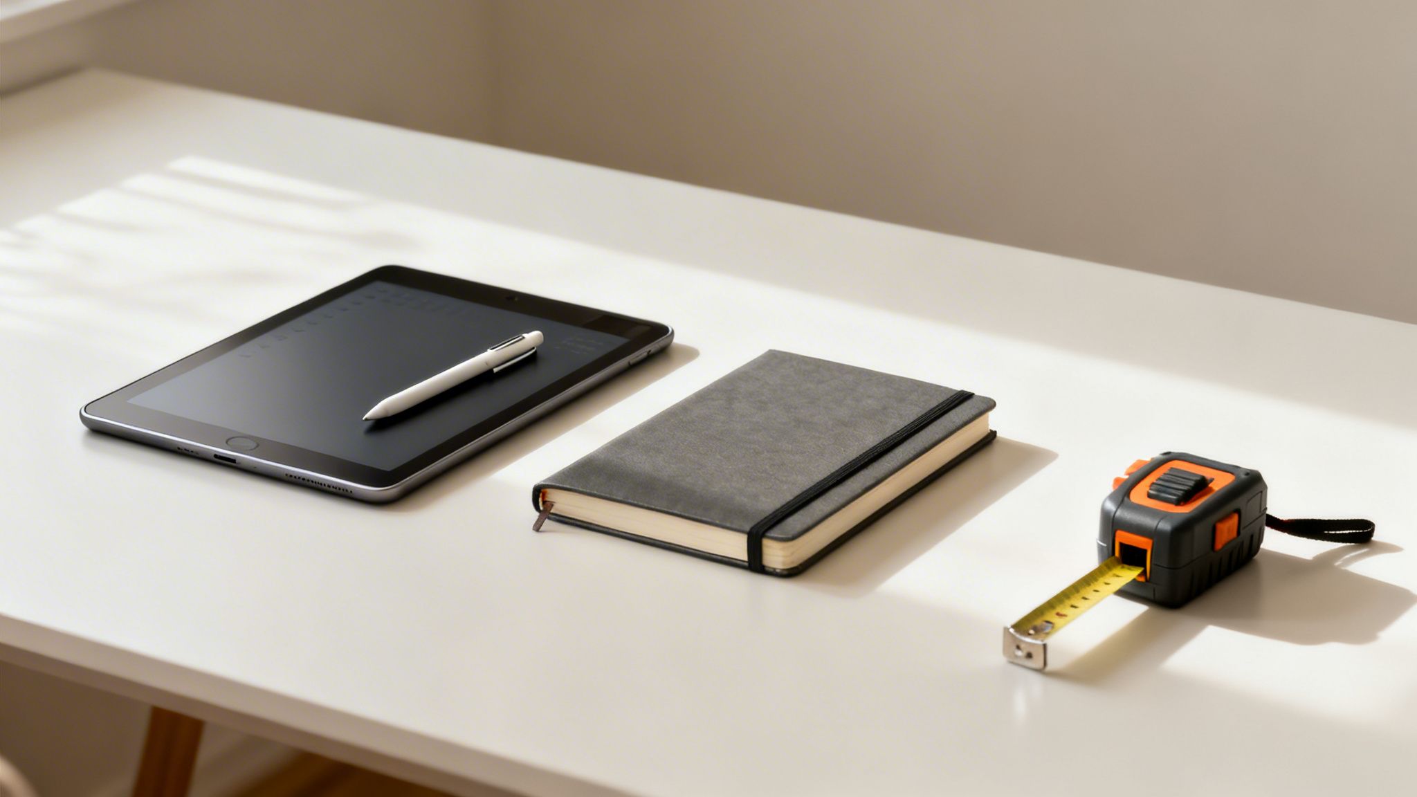 Une tablette numérique avec stylet, un carnet et un mètre ruban sur un bureau blanc avec lumière naturelle.
