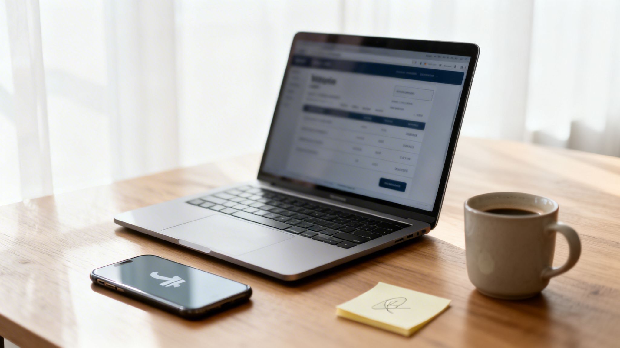Un ordinateur portable affichant un logiciel, un smartphone, une tasse de café et un post-it sur une table en bois clair.
