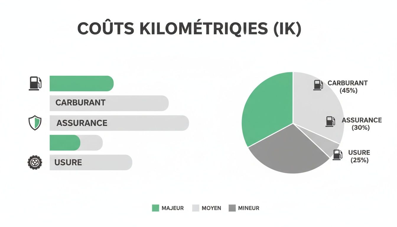 Graphiques présentant les coûts kilométriques (IK) : carburant, assurance et usure, avec leur répartition en pourcentages.