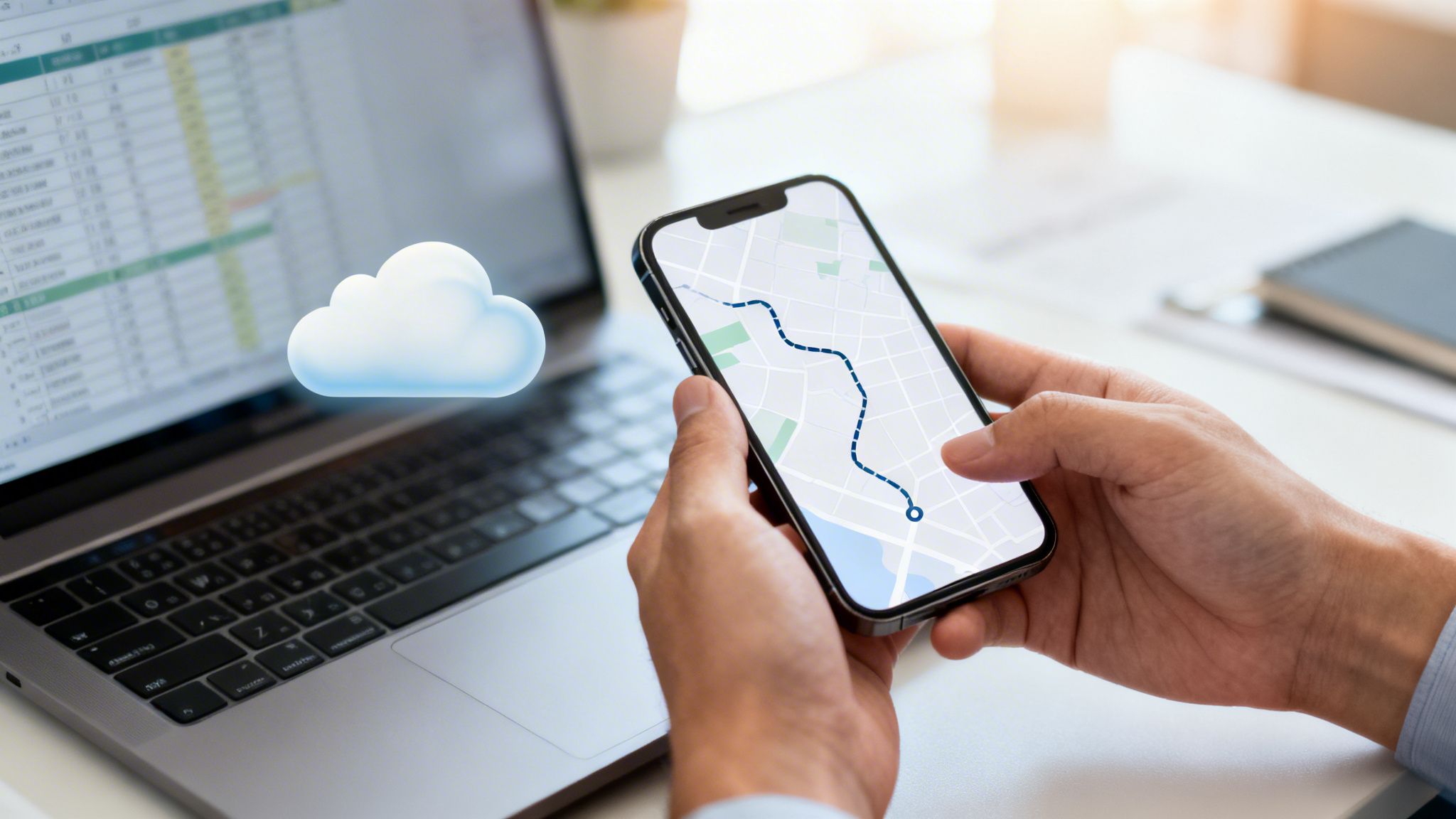 Une personne utilise un smartphone avec une carte GPS et un itinéraire, devant un ordinateur portable affichant des données et une icône de cloud.