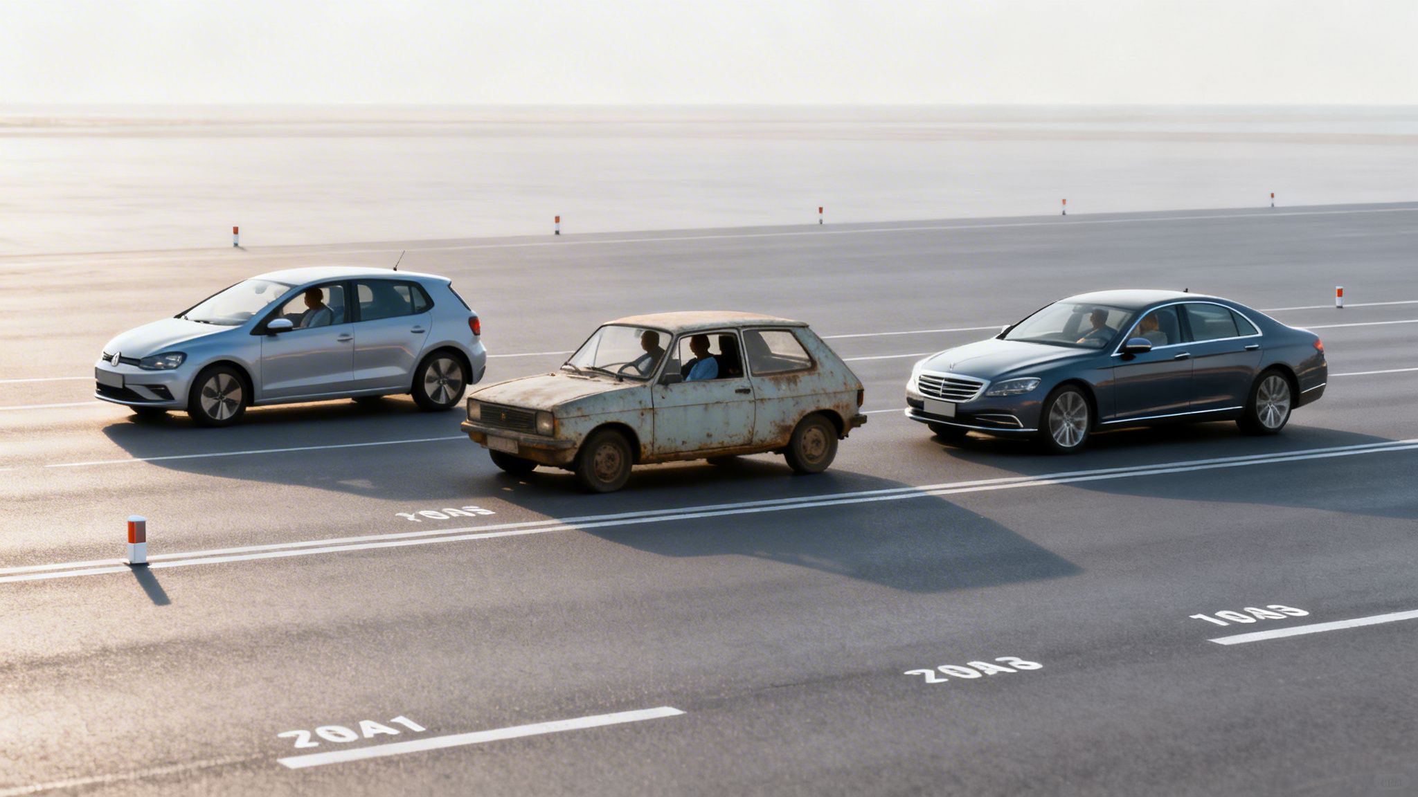 Trois voitures différentes, une Volkswagen argentée, une vieille voiture rouillée et une Mercedes sombre, roulent sur une route à plusieurs voies.