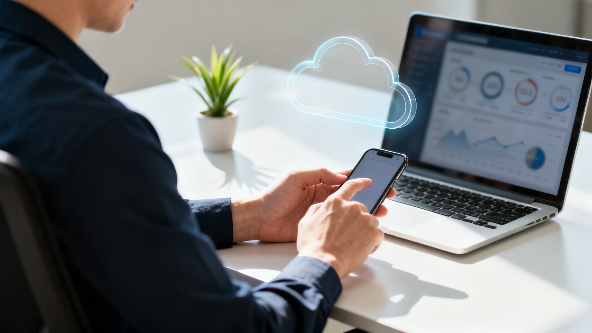 Un homme utilise un smartphone et un ordinateur portable avec une icône de cloud lumineux sur un bureau blanc.