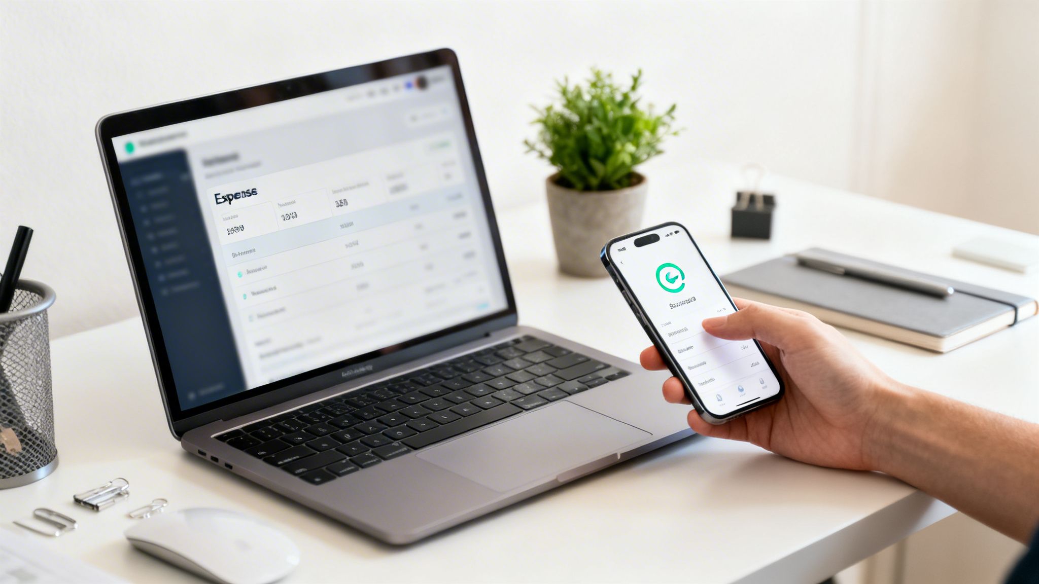 Une personne utilise un smartphone et un ordinateur portable avec des applications de gestion des dépenses dans un bureau moderne.