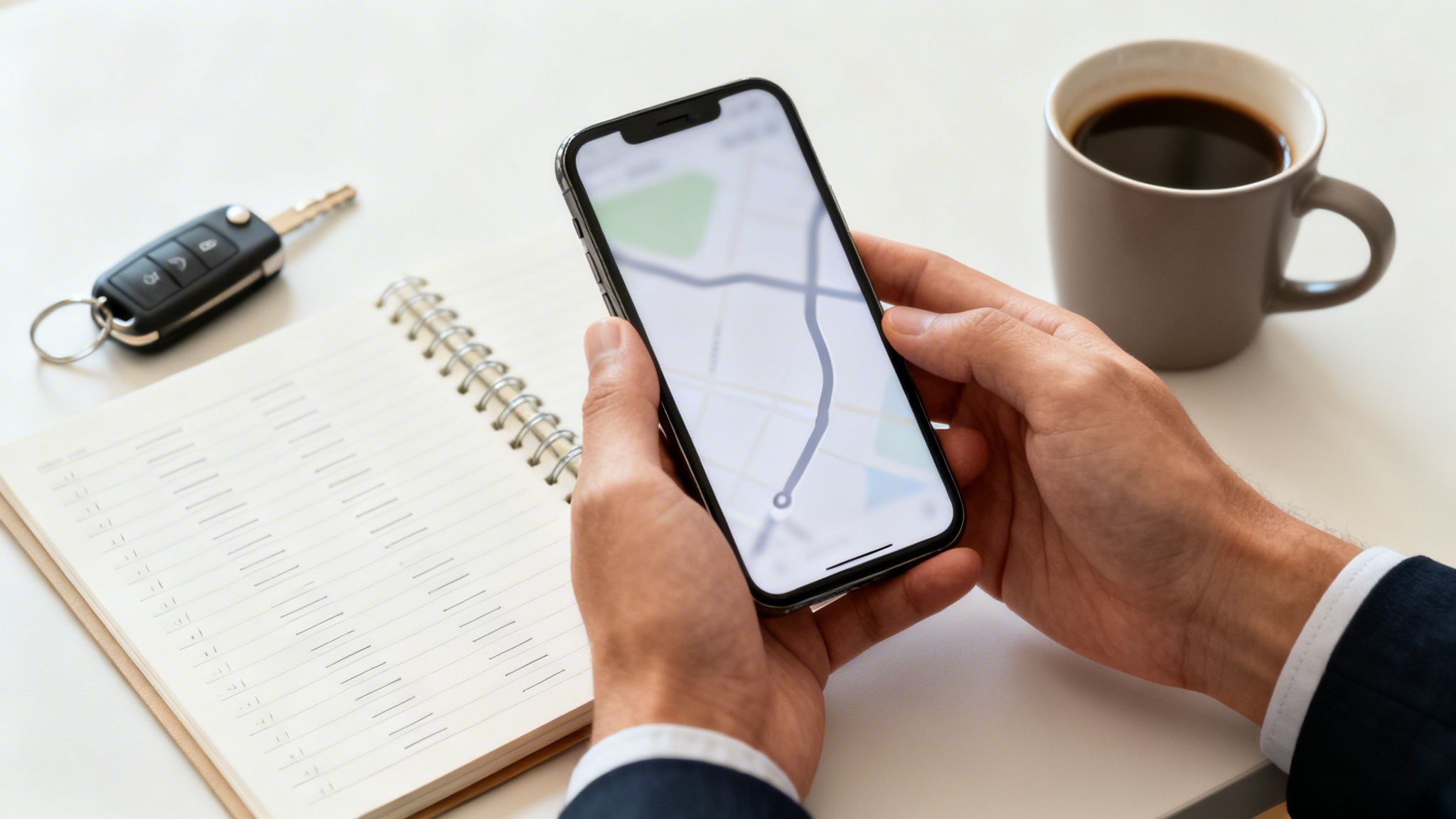 Personne tenant un smartphone affichant une carte, avec une clé de voiture, un carnet et une tasse de café.