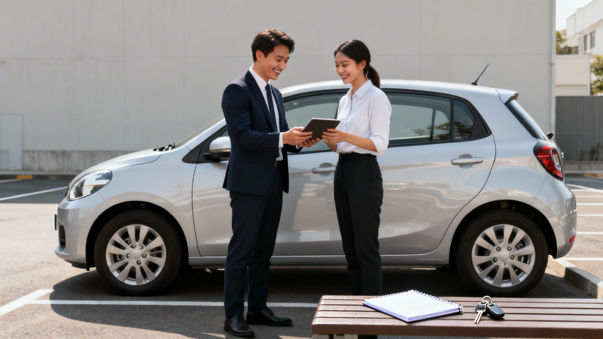 Un homme et une femme souriants regardent une tablette près d'une voiture argentée dans un parking.