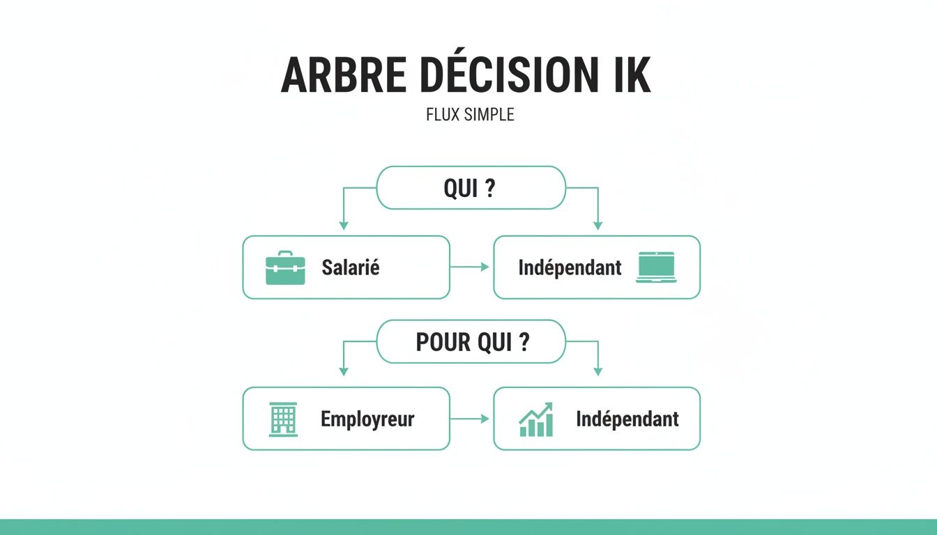 Diagramme de flux simple sur l'arbre de décision des indemnités kilométriques, distinguant salariés, indépendants et employeurs.