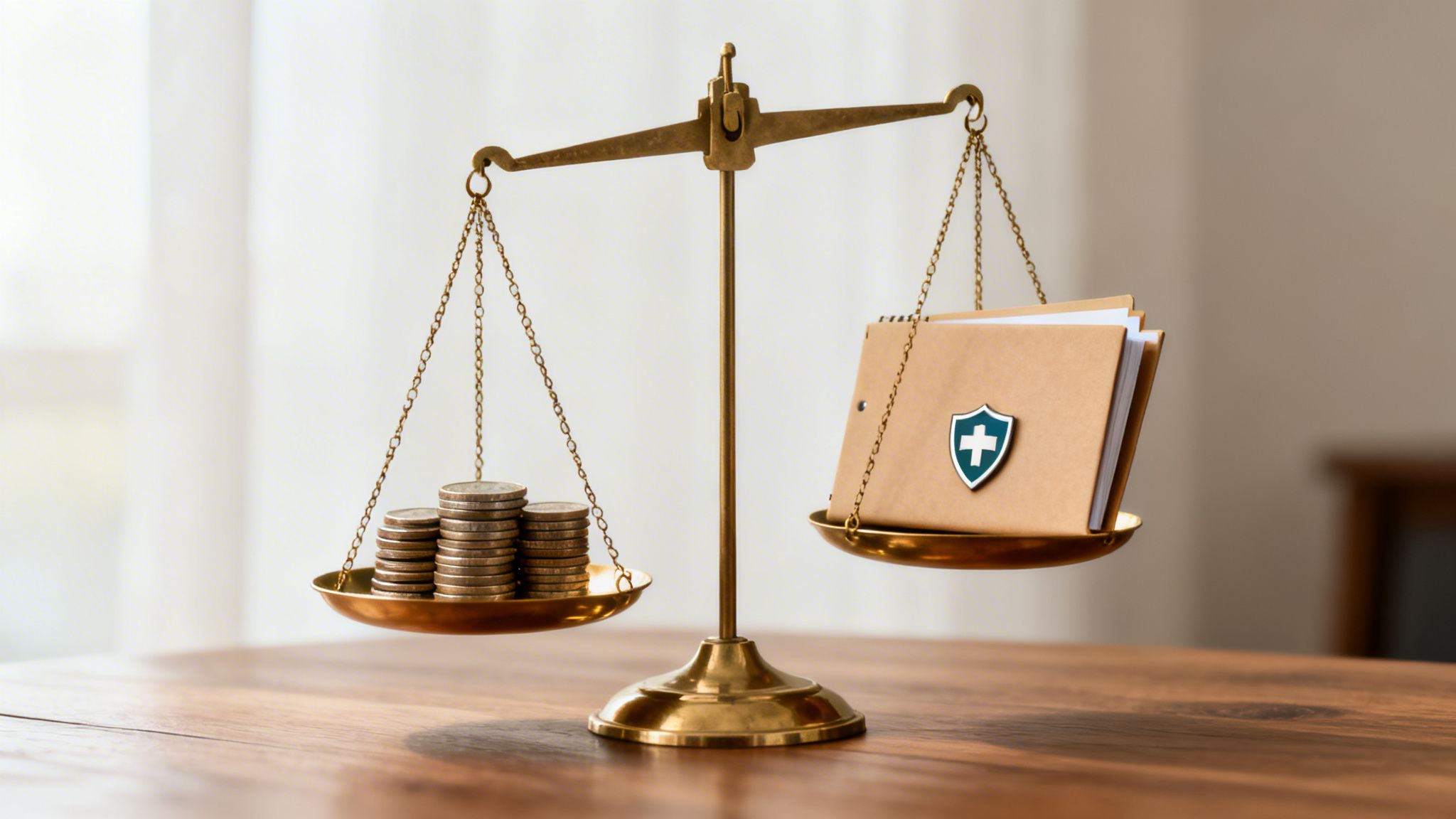 Une balance pèse des pièces de monnaie et des documents avec un bouclier de santé, symbolisant l'importance de la protection.