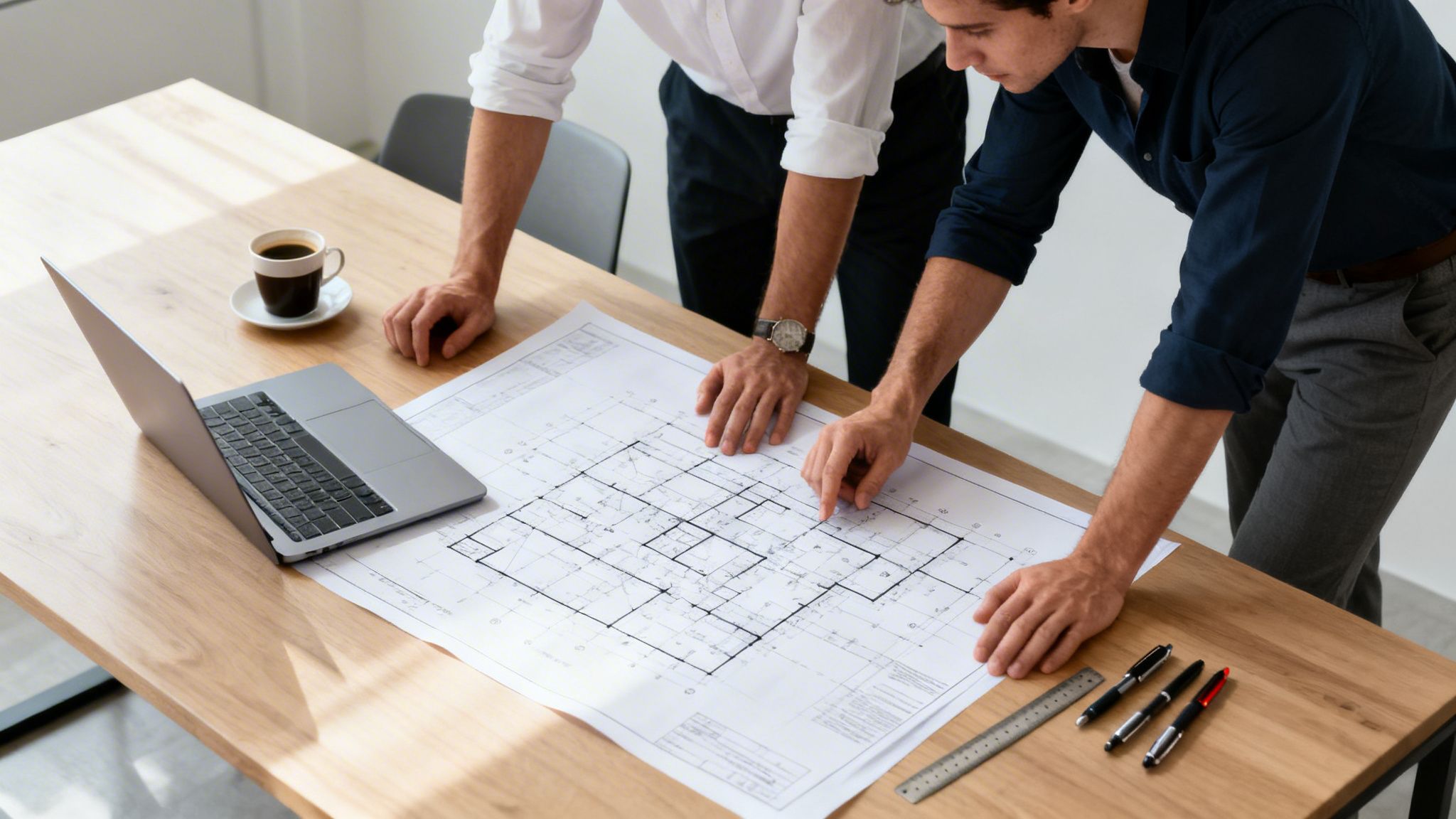 Deux architectes examinent des plans de construction sur une table en bois, avec un ordinateur portable et du café.