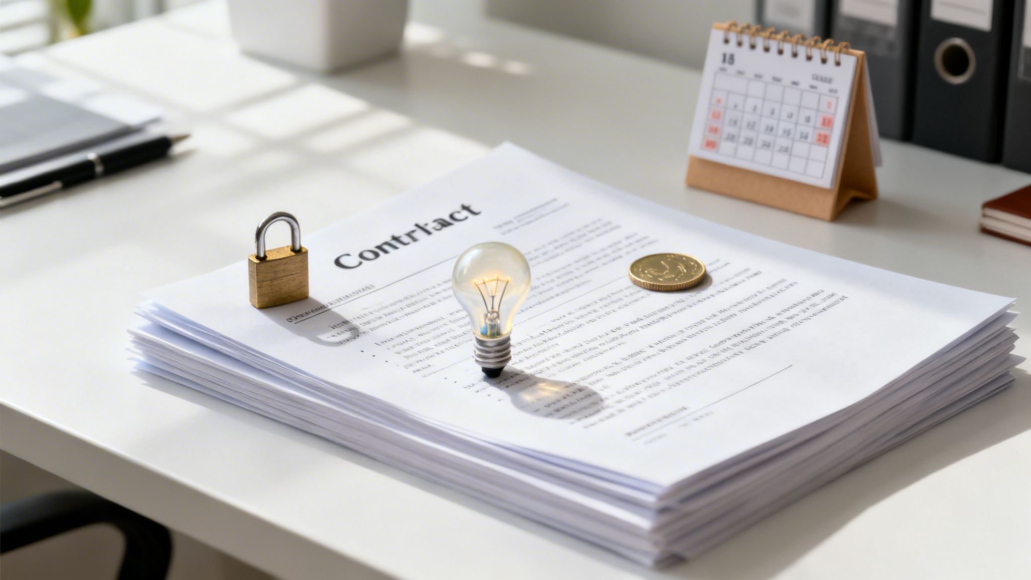 Un contrat avec un cadenas, une ampoule allumée et une pièce sur un bureau, symbolisant la protection et l'innovation.