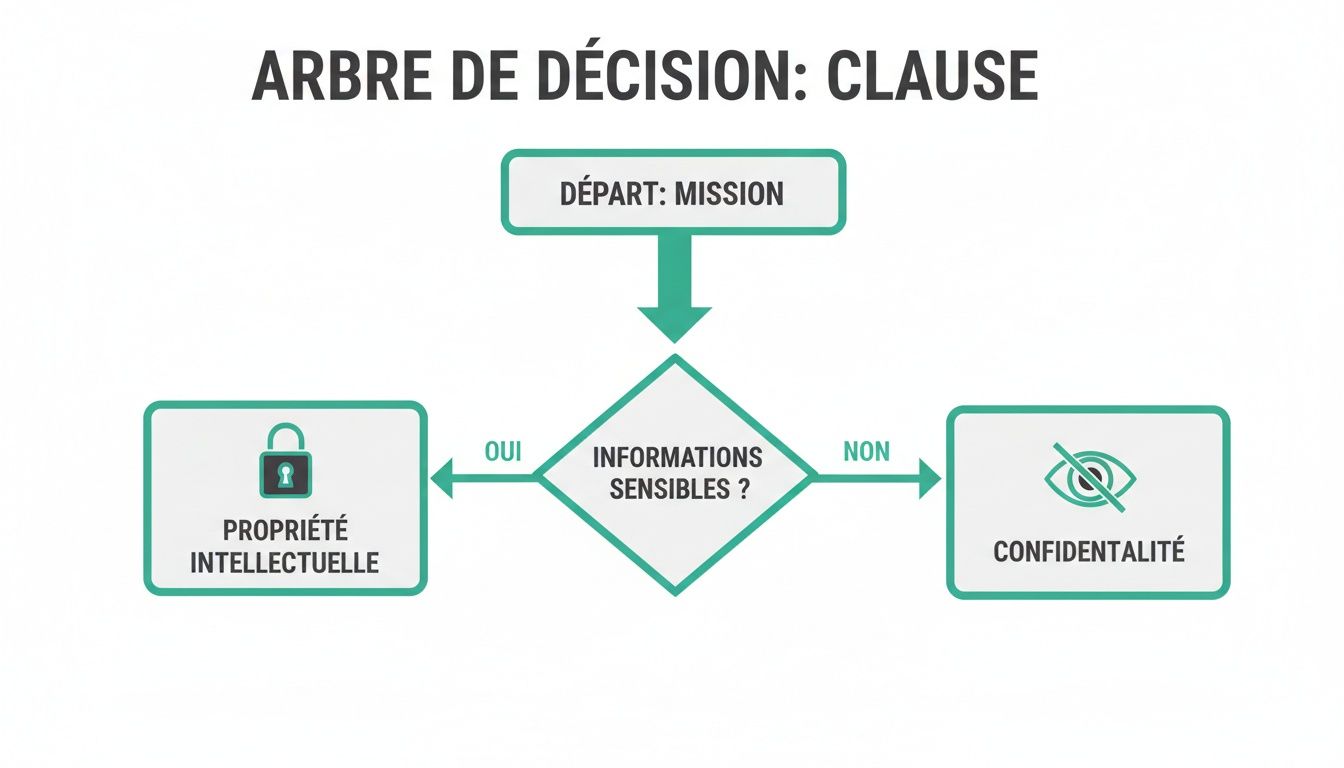 Diagramme d'arbre de décision pour clauses contractuelles, guidant sur la propriété intellectuelle ou la confidentialité des informations sensibles.
