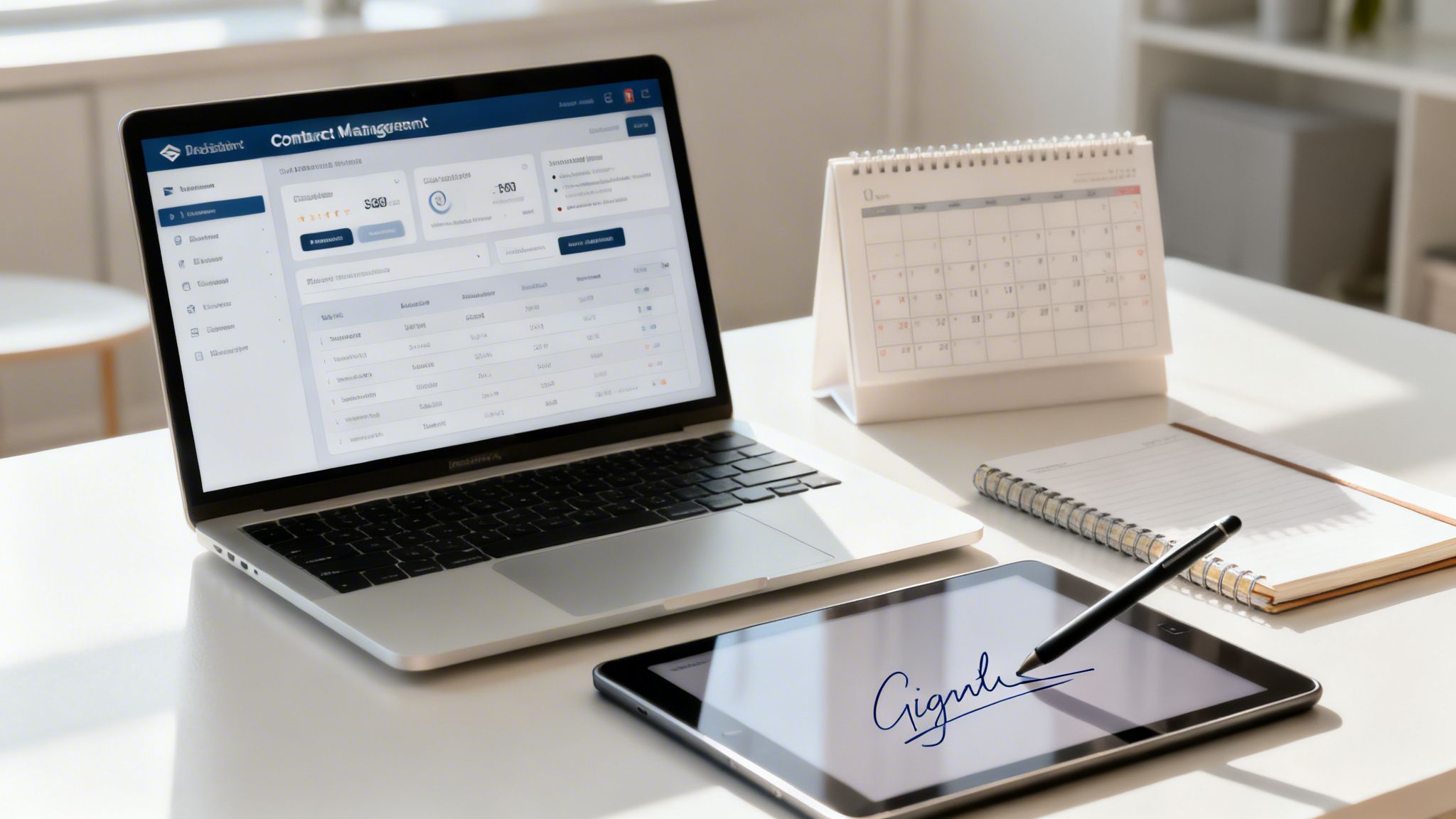 Bureau moderne avec ordinateur portable affichant une interface de gestion de contacts, un calendrier et une tablette avec une signature numérique.