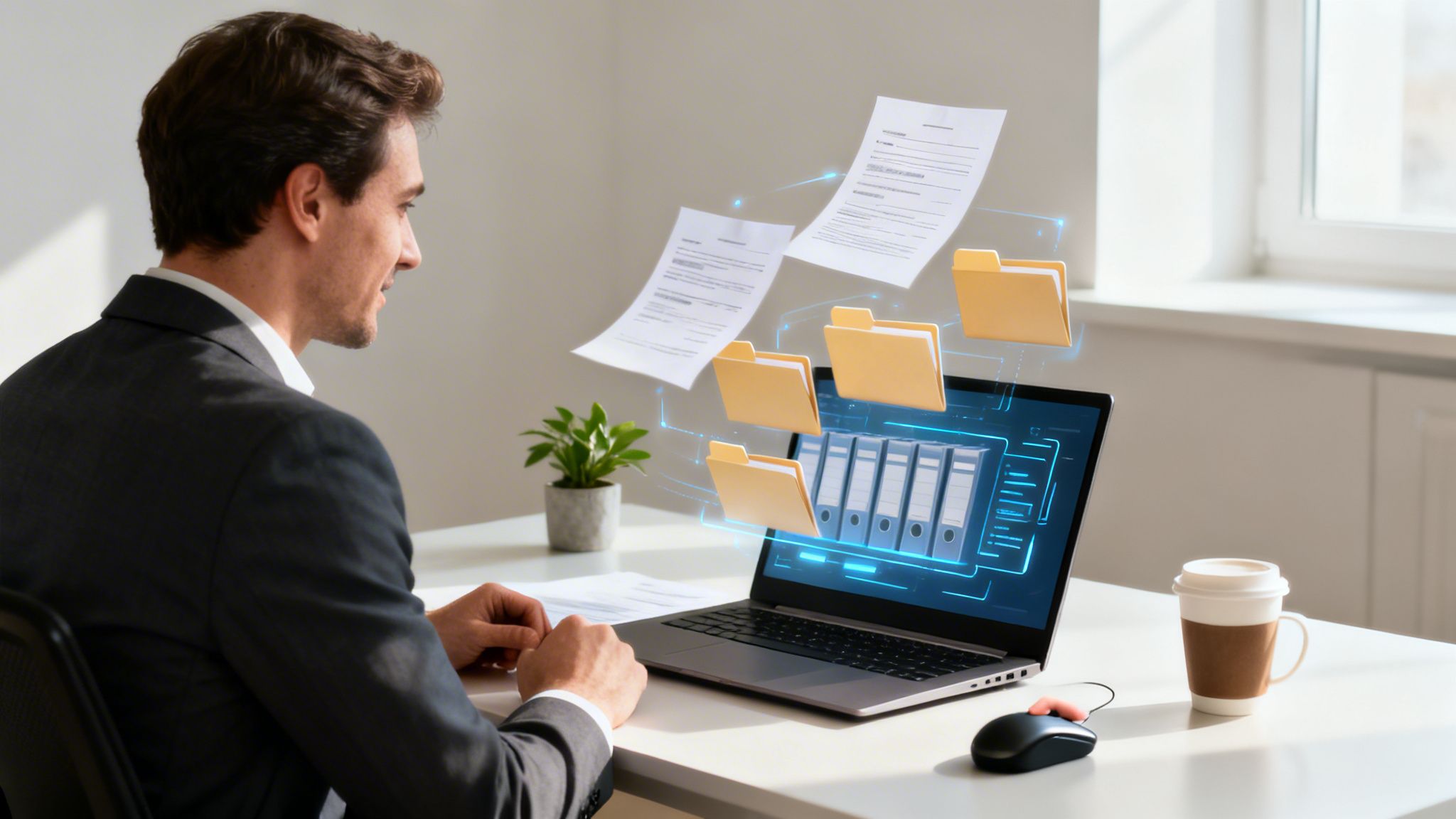 Un homme gérant des documents numériques et des dossiers sur un ordinateur portable, représentant la gestion de fichiers cloud.