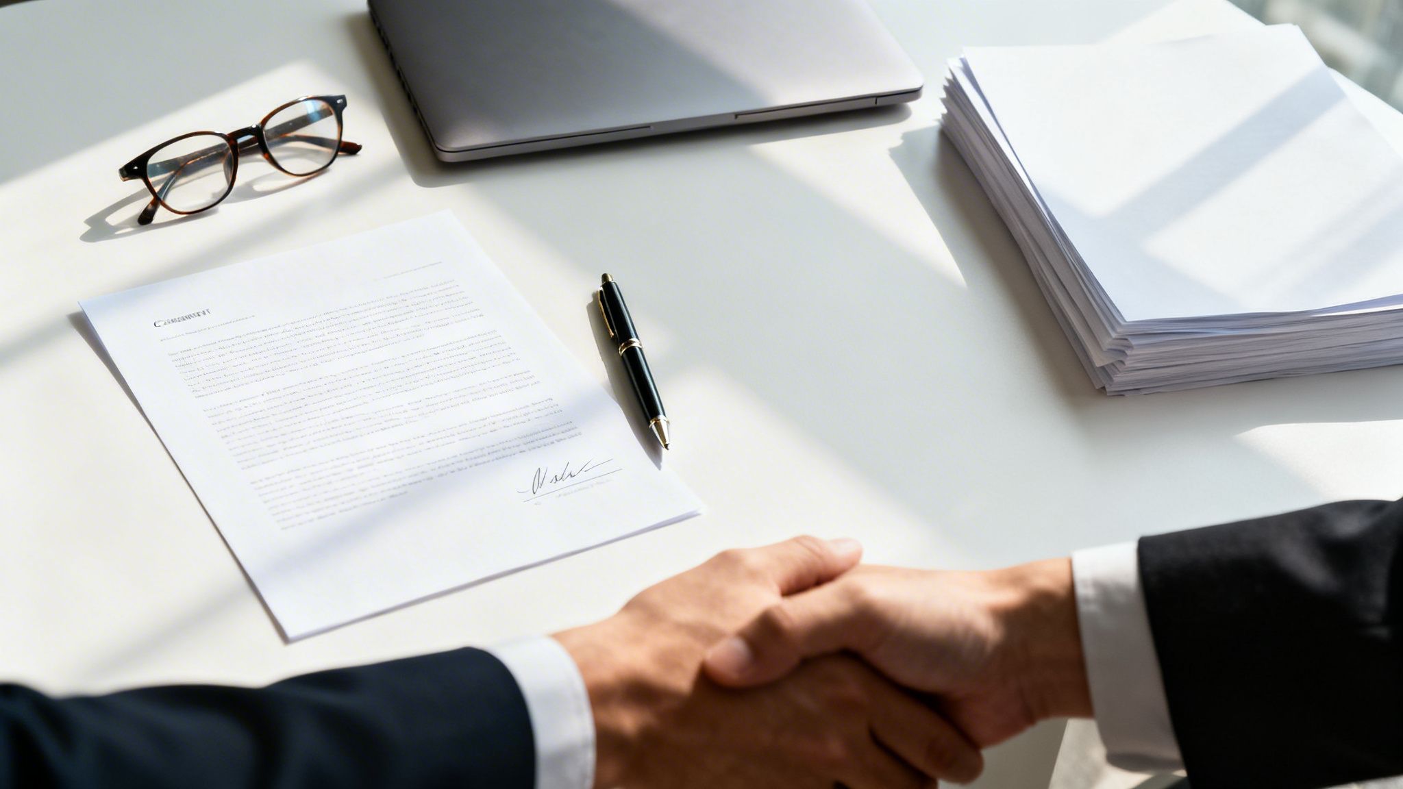 Deux hommes d'affaires se serrent la main, scellant un accord sur un bureau avec des documents et un ordinateur portable.