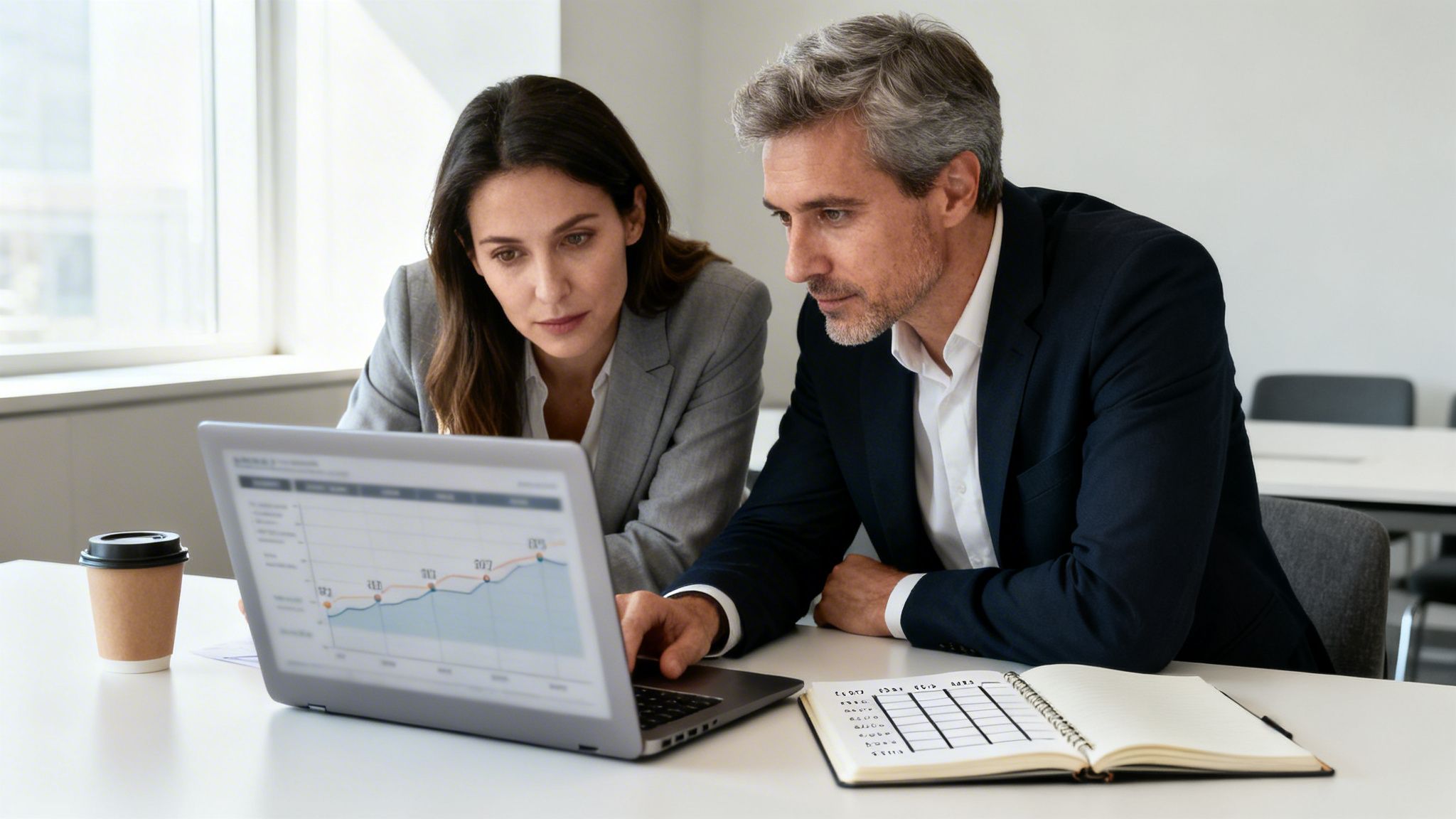 Deux professionnels analysent des graphiques sur un ordinateur portable lors d'une réunion d'affaires.