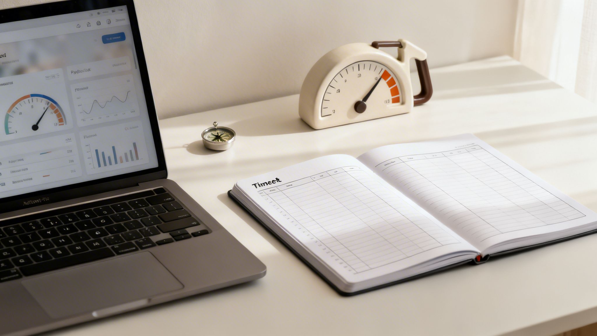 Un bureau organisé avec un ordinateur portable affichant des graphiques, un carnet de temps, une boussole et une minuterie, sous une lumière naturelle.