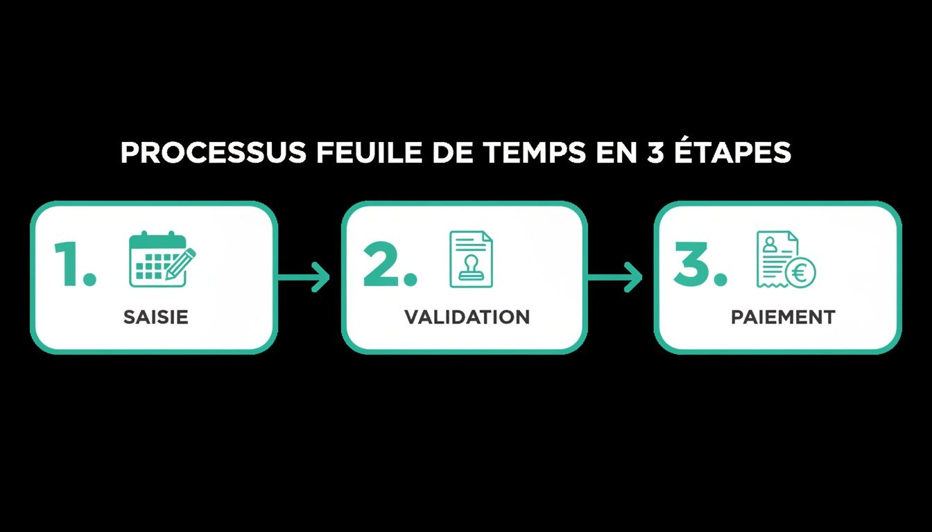 Un diagramme explicatif du processus de gestion des feuilles de temps en trois étapes : saisie, validation et paiement.