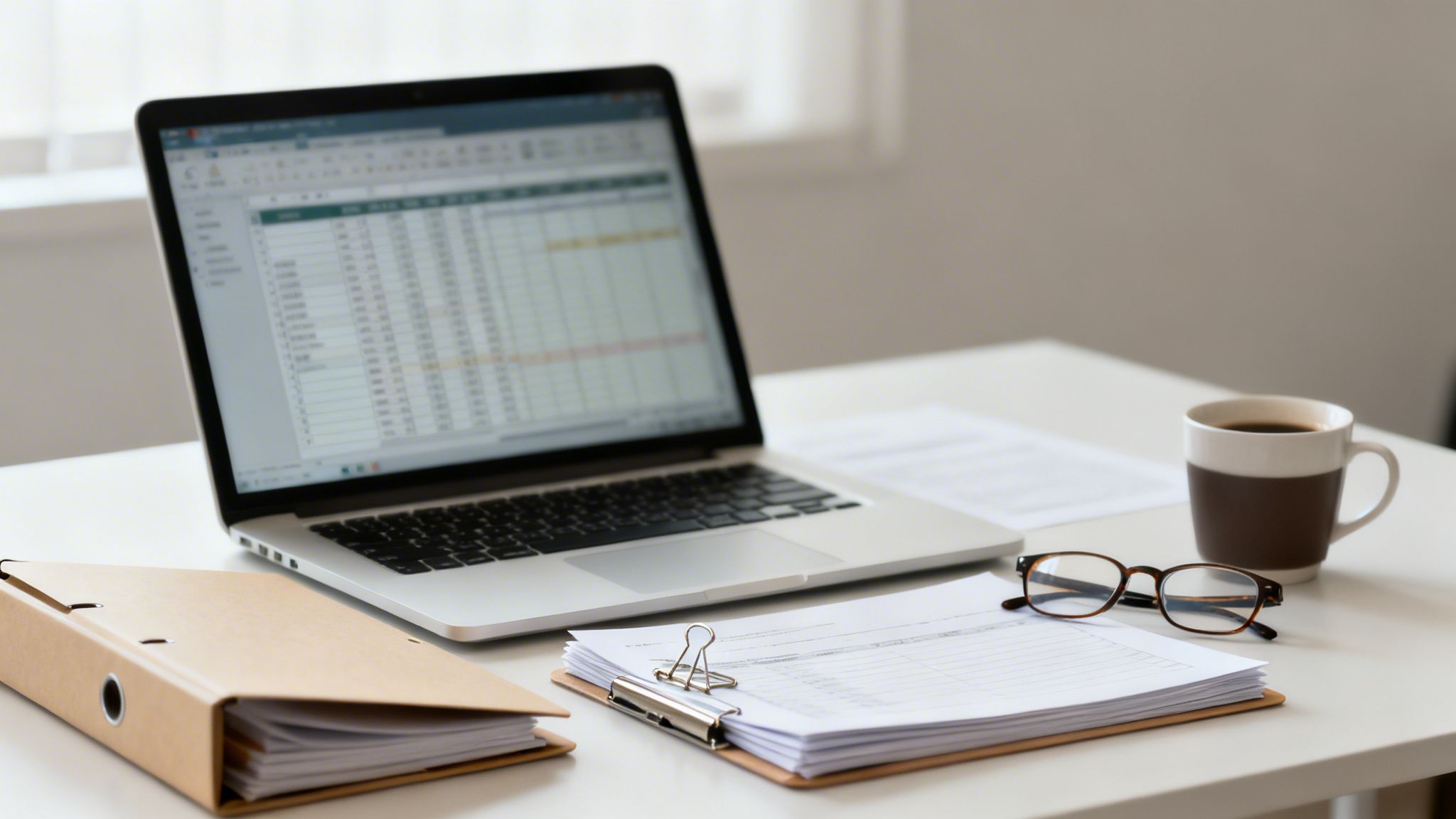 Bureau de travail avec ordinateur portable affichant une feuille de calcul, café, documents et lunettes, symbolisant la gestion ou le travail.