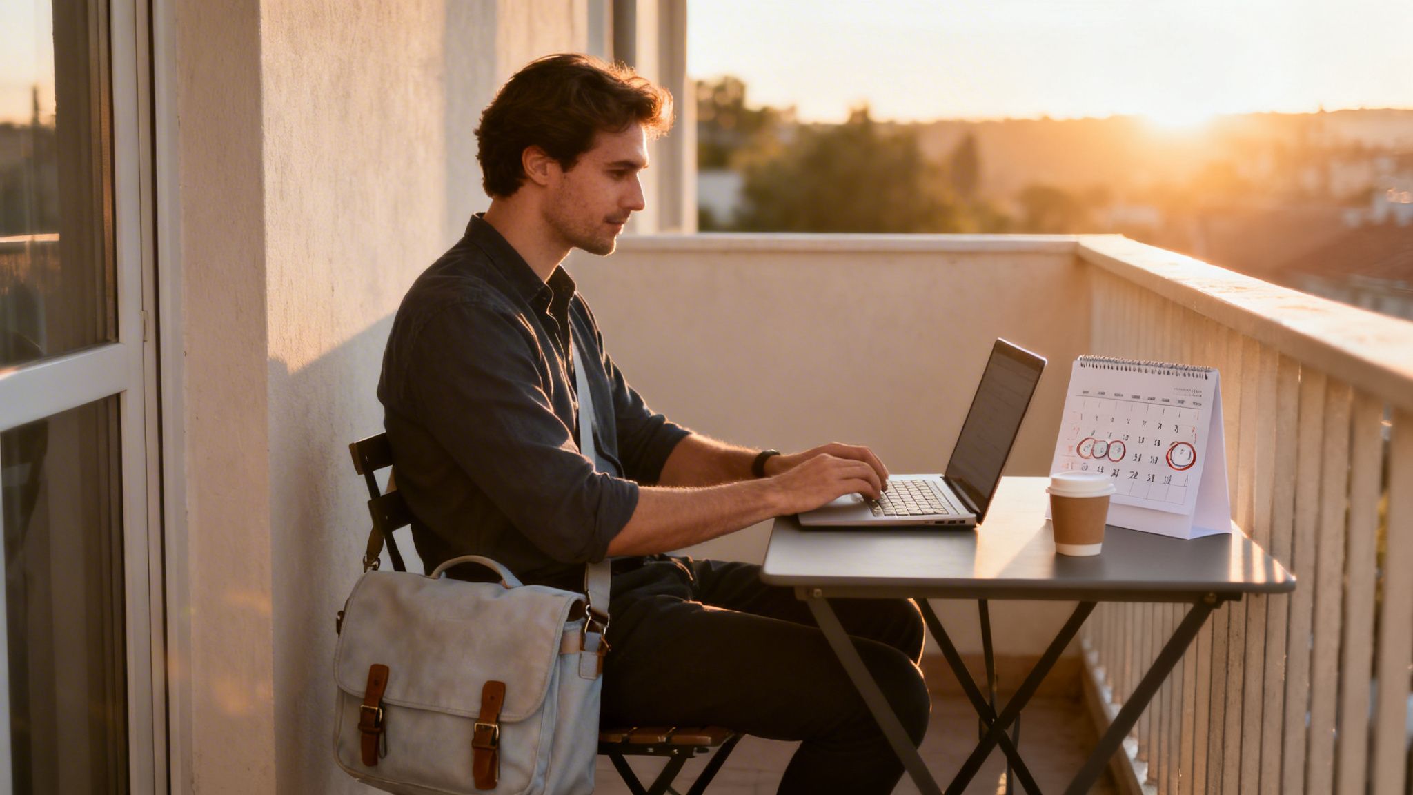 Jeune homme travaillant sur un ordinateur portable sur un balcon ensoleillé au coucher du soleil.
