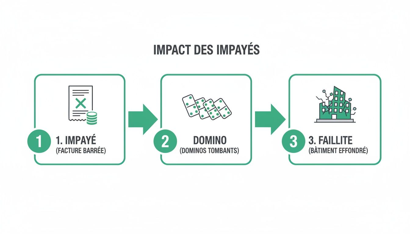 Illustration montrant l'impact des impayés: une facture non payée entraîne un effet domino et la faillite d'une entreprise.