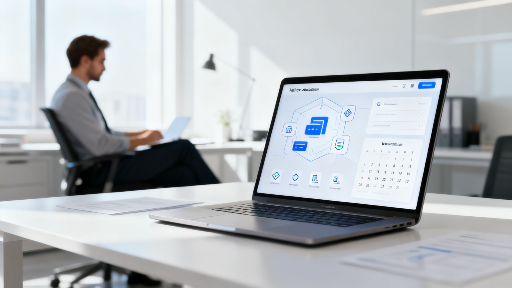 Un homme travaille sur un ordinateur portable dans un bureau moderne, avec un deuxième ordinateur affichant une interface logicielle au premier plan.