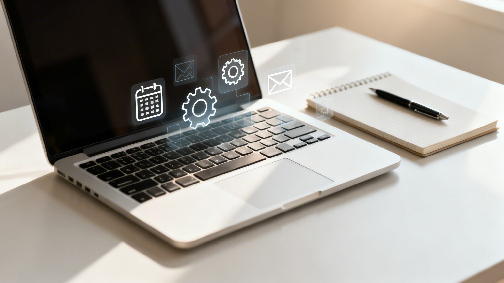 Ordinateur portable sur un bureau blanc avec des icônes numériques flottantes, un carnet et un stylo.
