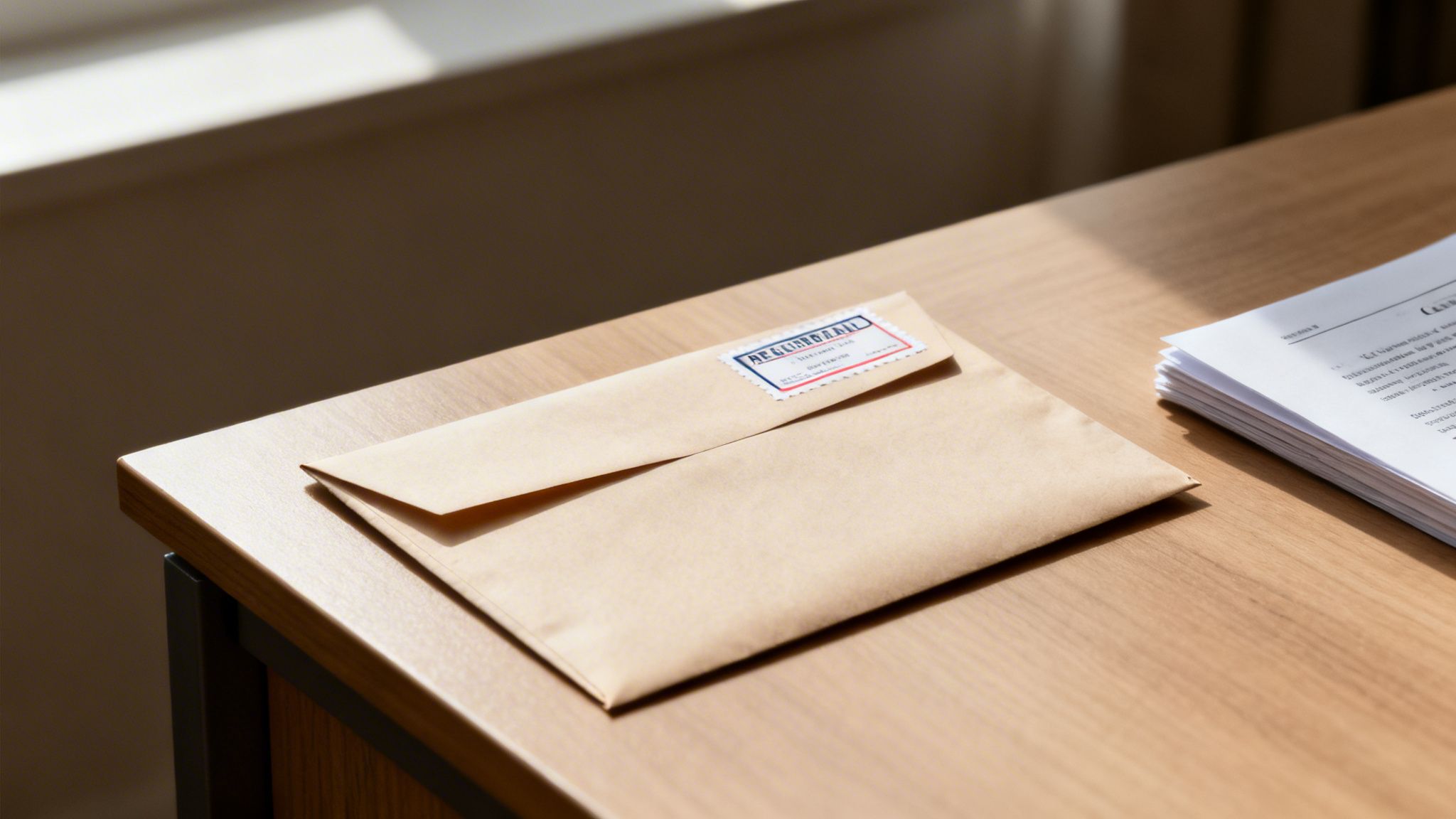 Une enveloppe marron avec un timbre est posée sur un bureau en bois, près d'une pile de documents, avec une lumière naturelle.